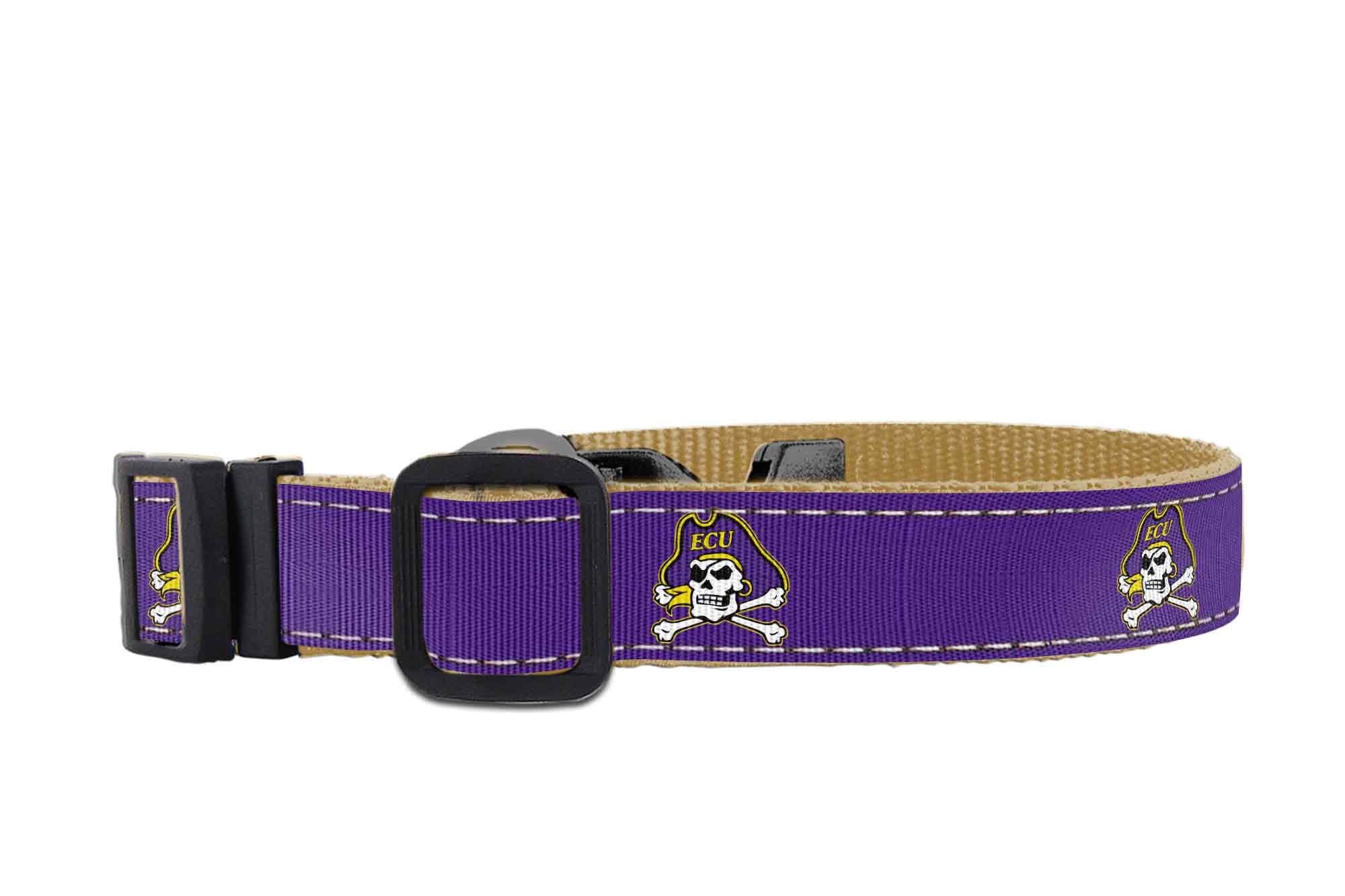 ECU Pirates Collegiate Woven Ribbon Dog Collar. Pet Lead. Adjustable Nylon Webbing. Snap Buckle and D-ring. Swivel Bolt Snap.