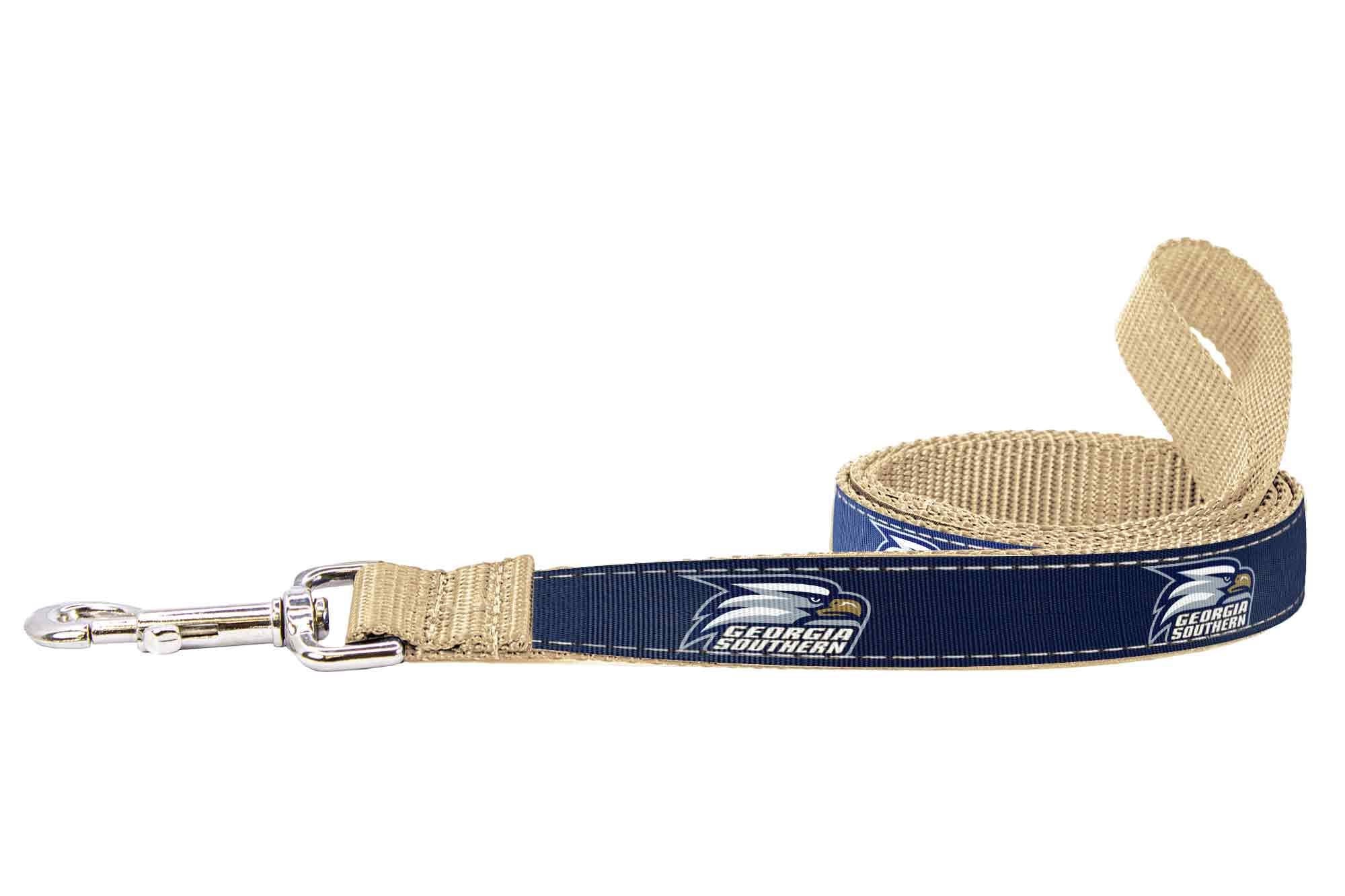 Georgia Southern Eagles Collegiate Woven Ribbon Dog Collar. Pet Lead. Adjustable Nylon Webbing. Snap Buckle and D-ring. Swivel Bolt Snap.