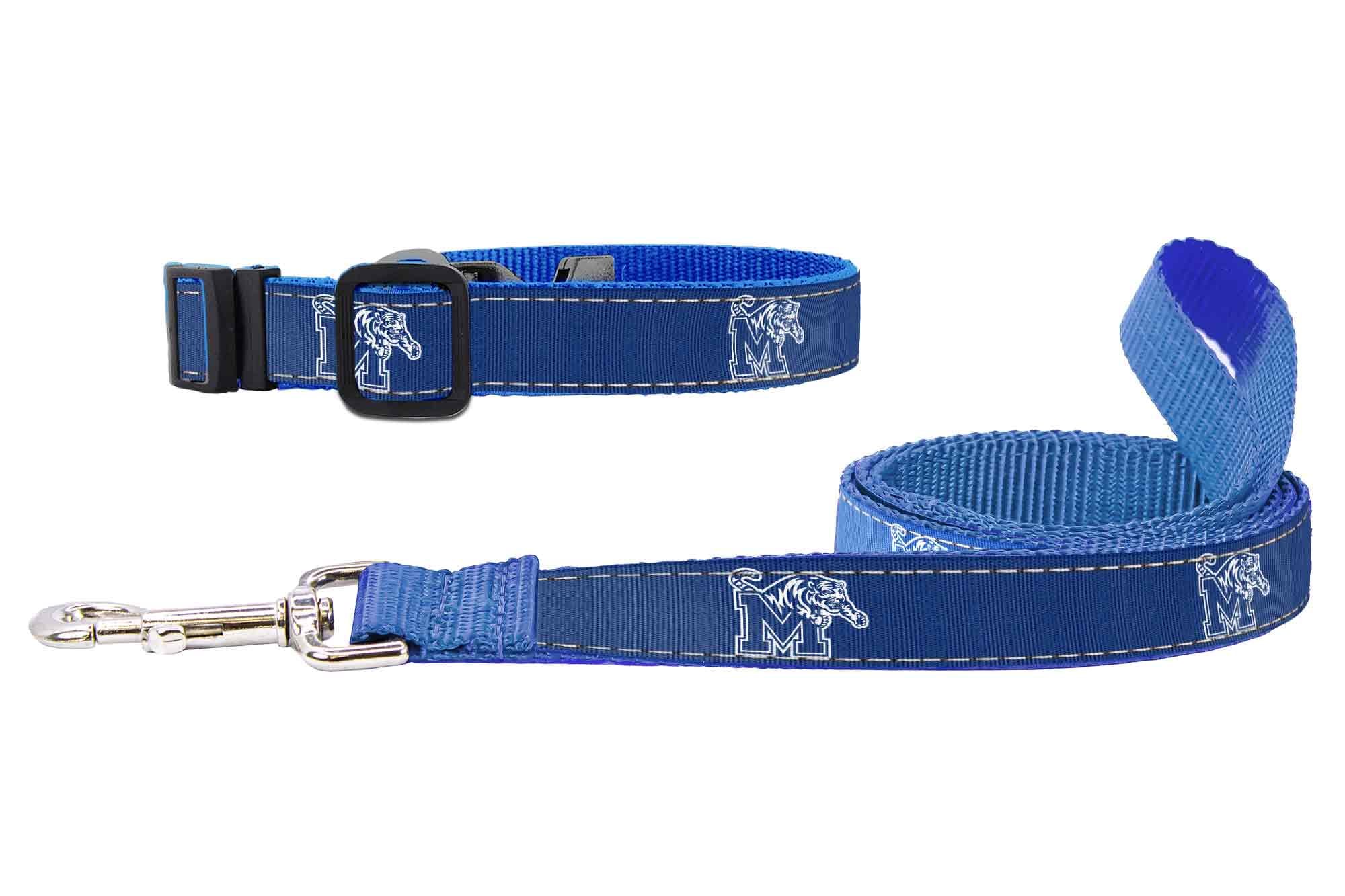 Memphis Tigers Collegiate Woven Ribbon Dog Collar. Pet Lead. Adjustable Nylon Webbing. Snap Buckle and D-ring. Swivel Bolt Snap.