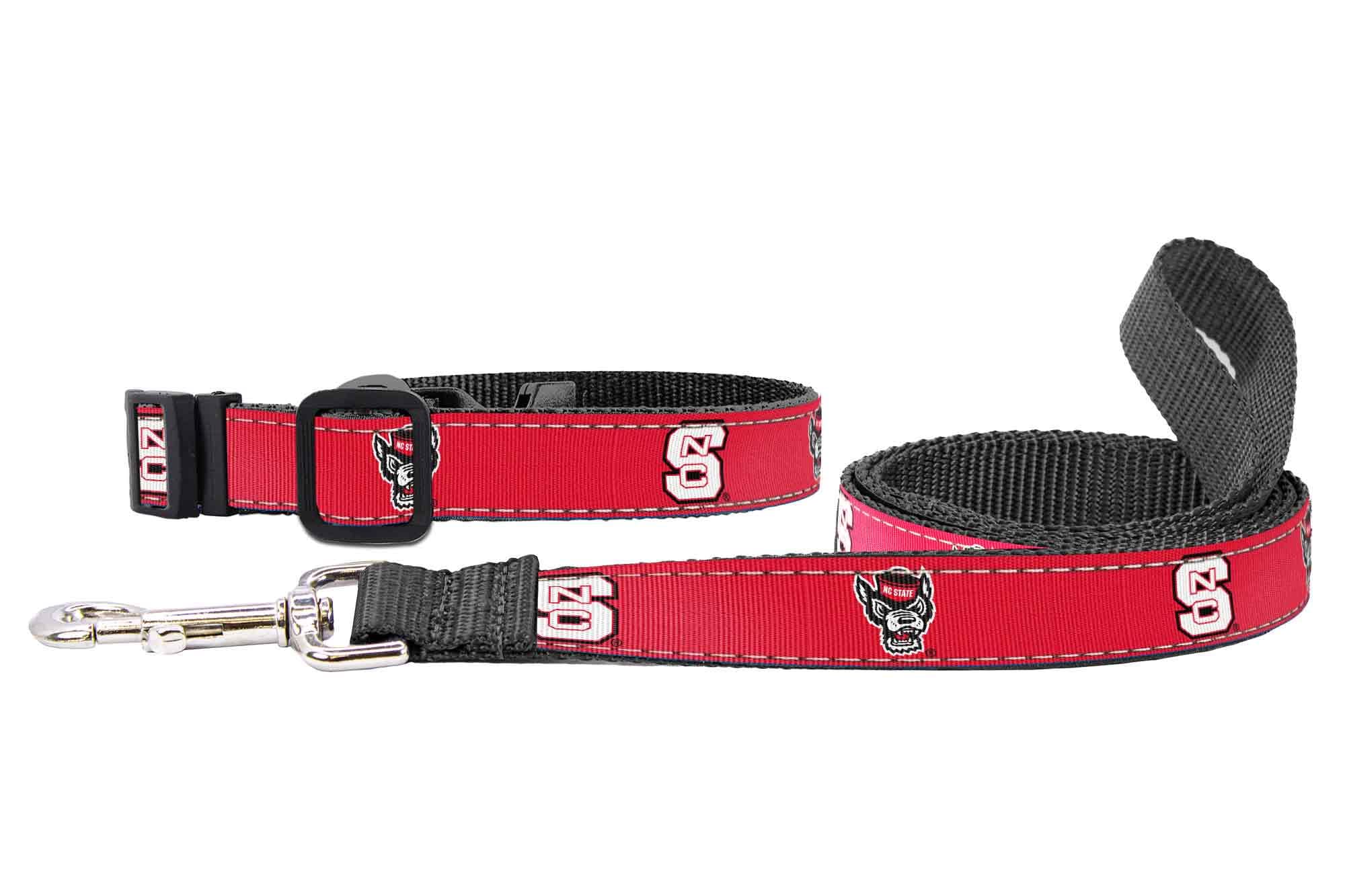 NC State Woldpack Collegiate Woven Ribbon Dog Collar. Pet Lead. Adjustable Nylon Webbing. Snap Buckle and D-ring. Swivel Bolt Snap.