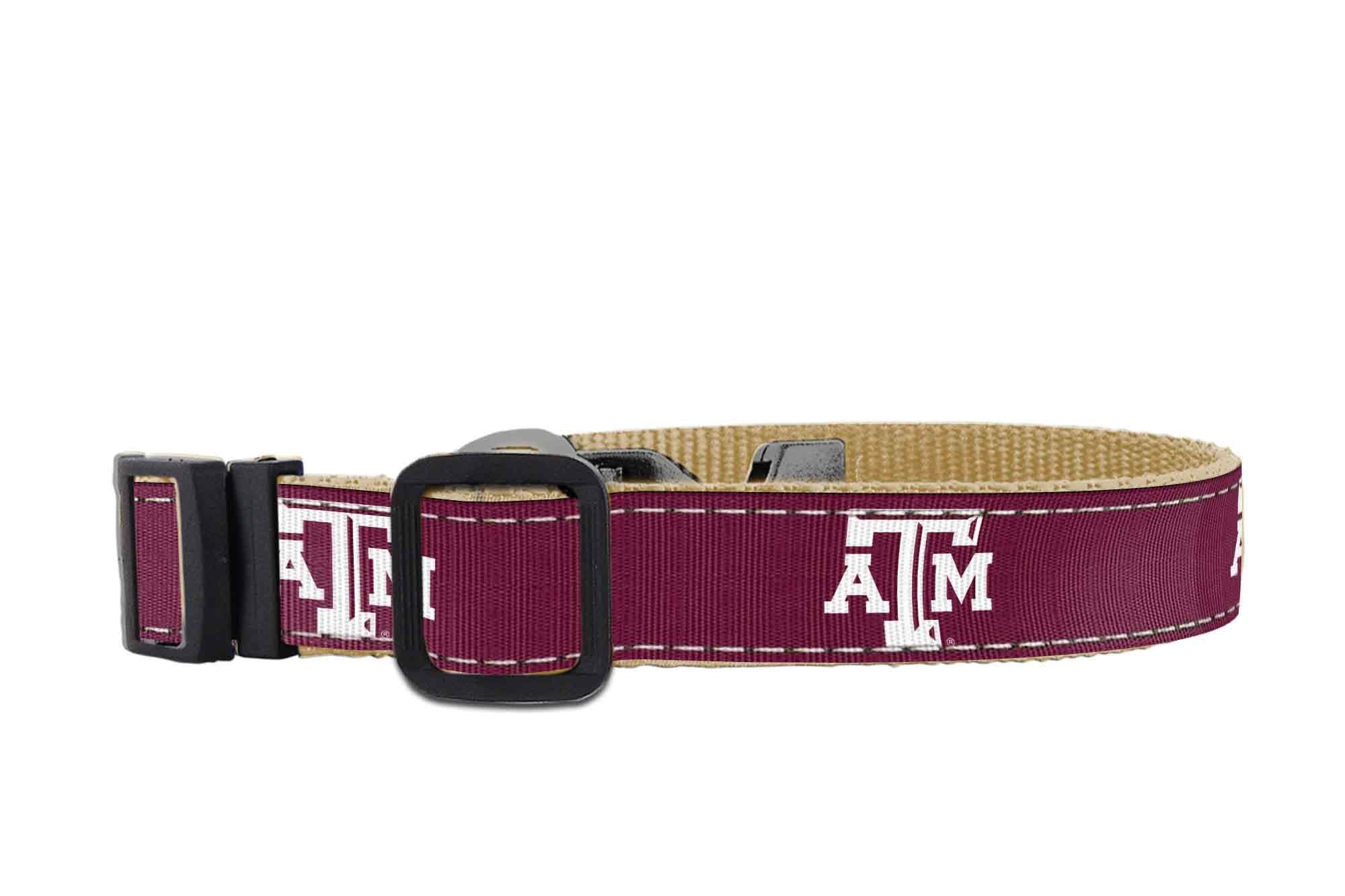 Texas A&M Aggies Collegiate Woven Ribbon Dog Collar. Pet Lead. Adjustable Nylon Webbing. Snap Buckle and D-ring. Swivel Bolt Snap.