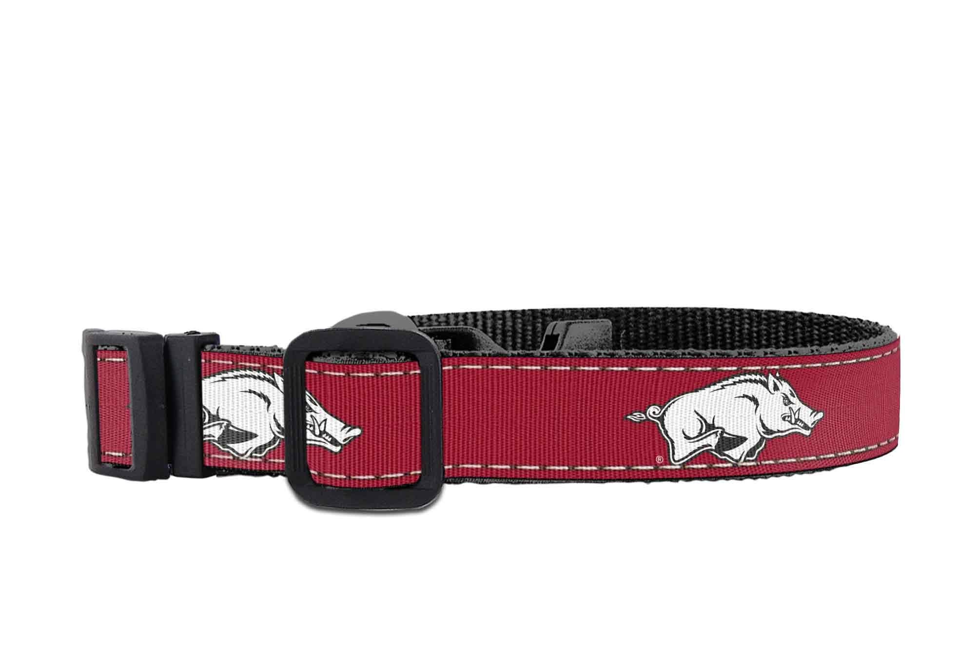 Arkansas Razorbacks Collegiate Woven Ribbon Dog Collar. Pet Lead. Adjustable Nylon Webbing. Snap Buckle and D-ring. Swivel Bolt Snap.