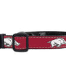 Arkansas Razorbacks Collegiate Woven Ribbon Dog Collar. Pet Lead. Adjustable Nylon Webbing. Snap Buckle and D-ring. Swivel Bolt Snap.