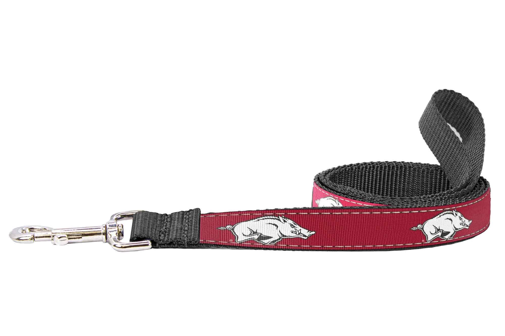 Arkansas Razorbacks Collegiate Woven Ribbon Dog Collar. Pet Lead. Adjustable Nylon Webbing. Snap Buckle and D-ring. Swivel Bolt Snap.