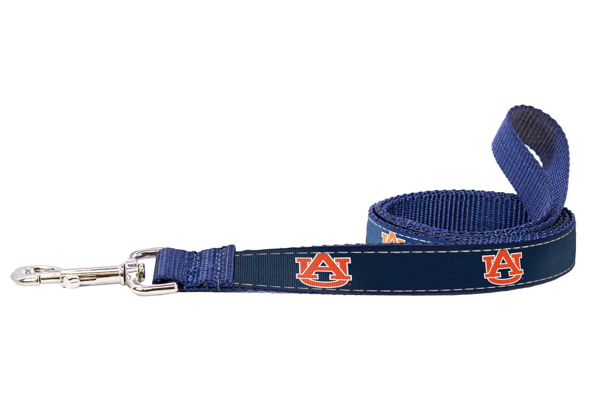Auburn Tigers Collegiate Woven Ribbon Dog Collar. Pet Lead. Adjustable Nylon Webbing. Snap Buckle and D-ring. Swivel Bolt Snap.