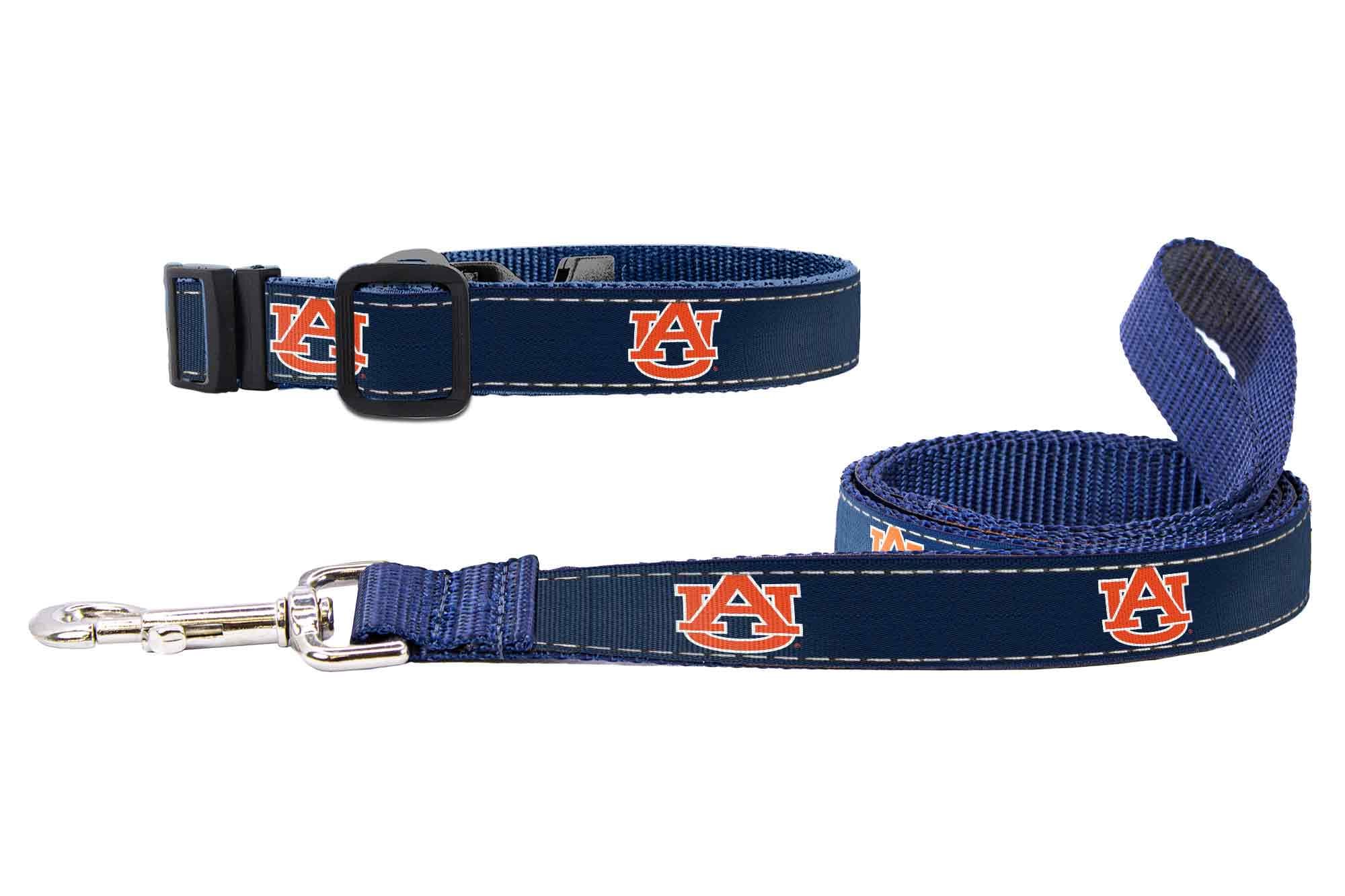 Auburn Tigers Collegiate Woven Ribbon Dog Collar. Pet Lead. Adjustable Nylon Webbing. Snap Buckle and D-ring. Swivel Bolt Snap.