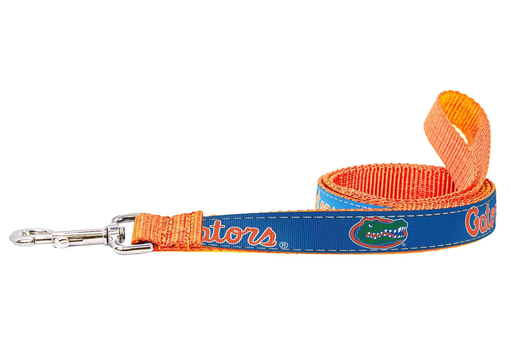 Florida Gators Collegiate Woven Ribbon Dog Collar. Pet Lead. Adjustable Nylon Webbing. Snap Buckle and D-ring. Swivel Bolt Snap.