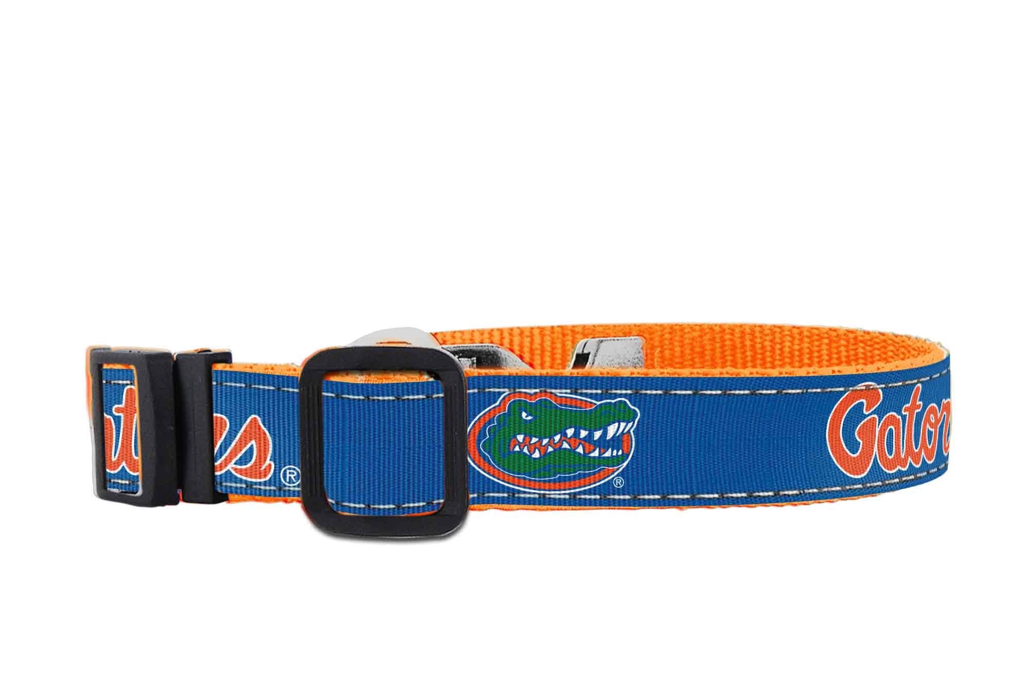 Florida Gators Collegiate Woven Ribbon Dog Collar. Pet Lead. Adjustable Nylon Webbing. Snap Buckle and D-ring. Swivel Bolt Snap.