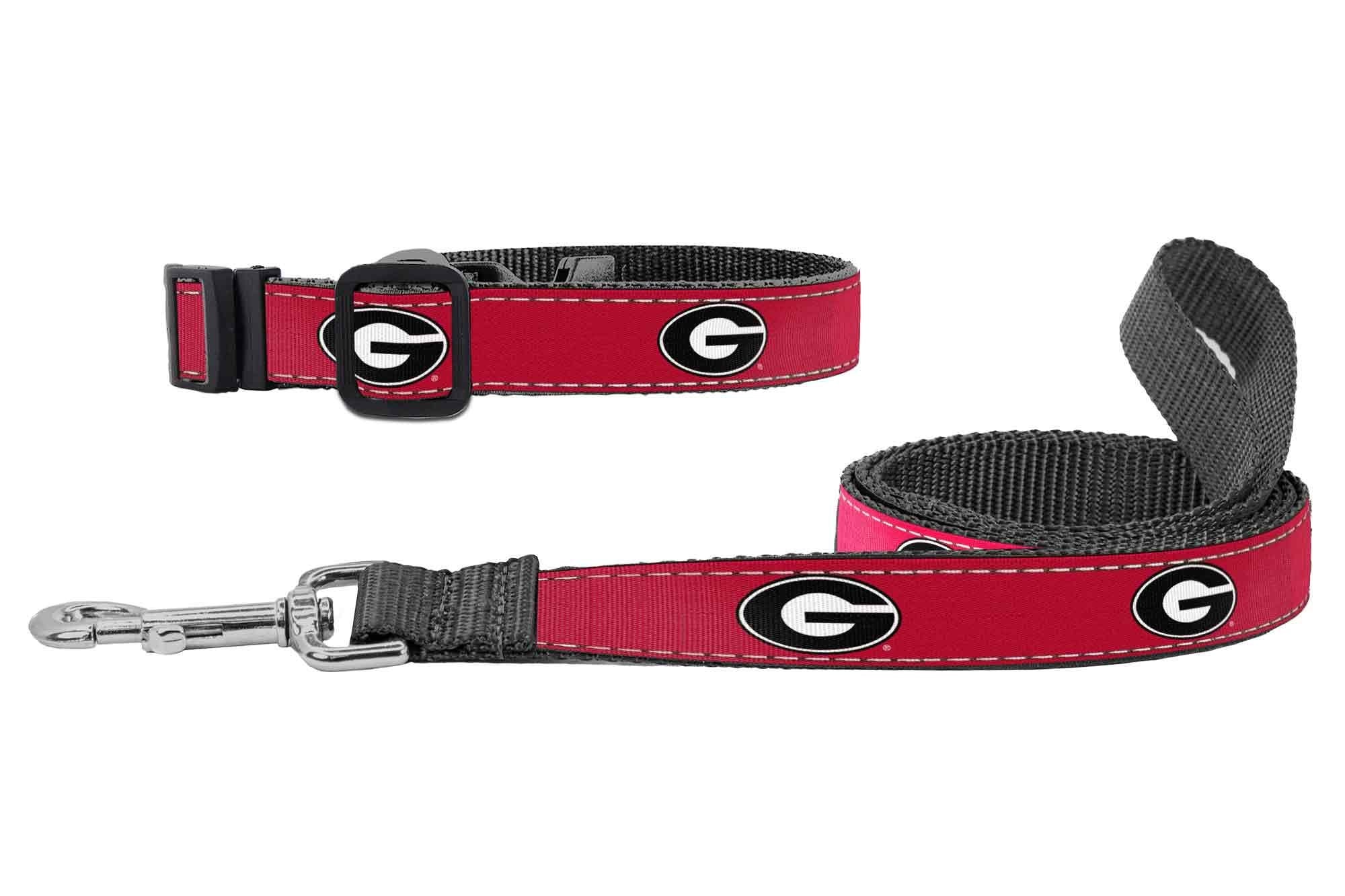 Georgia Bulldogs Collegiate Woven Ribbon Dog Collar. Pet Lead. Adjustable Nylon Webbing. Snap Buckle and D-ring. Swivel Bolt Snap.