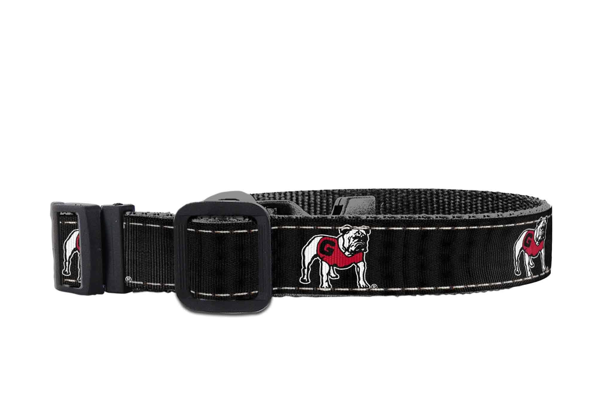Georgia Bulldogs Collegiate Woven Ribbon Dog Collar. Pet Lead. Adjustable Nylon Webbing. Snap Buckle and D-ring. Swivel Bolt Snap.