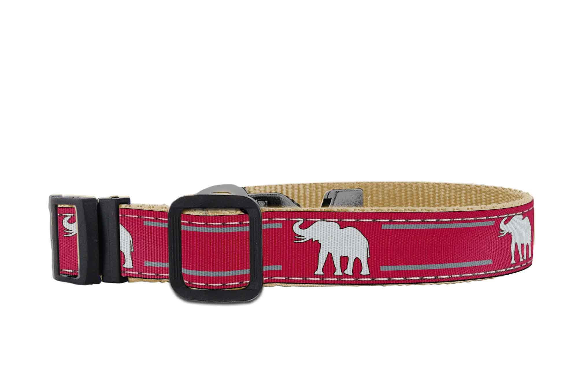 Alabama Crimson Tide Collegiate Woven Ribbon Dog Collar. Pet Lead. Adjustable Nylon Webbing. Snap Buckle and D-ring. Swivel Bolt Snap.