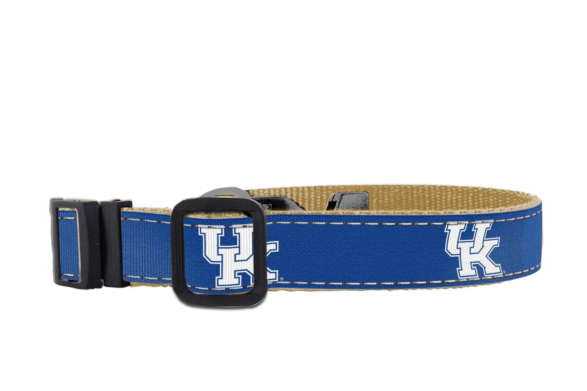 Kentucky Wildcats Tide Collegiate Woven Ribbon Dog Collar. Pet Lead. Adjustable Nylon Webbing. Snap Buckle and D-ring. Swivel Bolt Snap.
