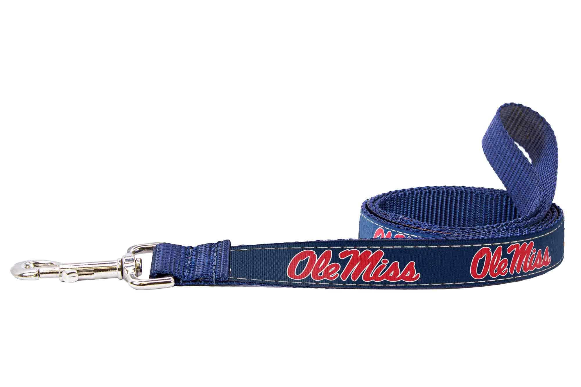 Ole Miss Rebels Collegiate Woven Ribbon Dog Collar. Pet Lead. Adjustable Nylon Webbing. Snap Buckle and D-ring. Swivel Bolt Snap.