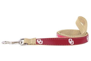 Oklahoma Sooners Collegiate Woven Ribbon Dog Collar. Pet Lead. Adjustable Nylon Webbing. Snap Buckle and D-ring. Swivel Bolt Snap.