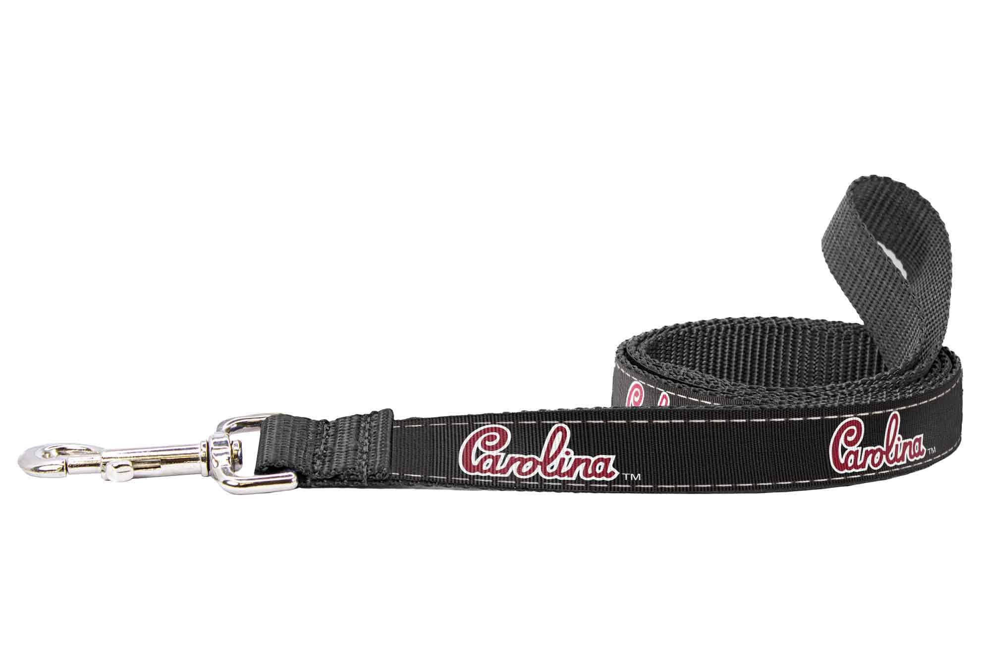 USC Gamecocks Collegiate Woven Ribbon Dog Collar. Pet Lead. Adjustable Nylon Webbing. Snap Buckle and D-ring. Swivel Bolt Snap.