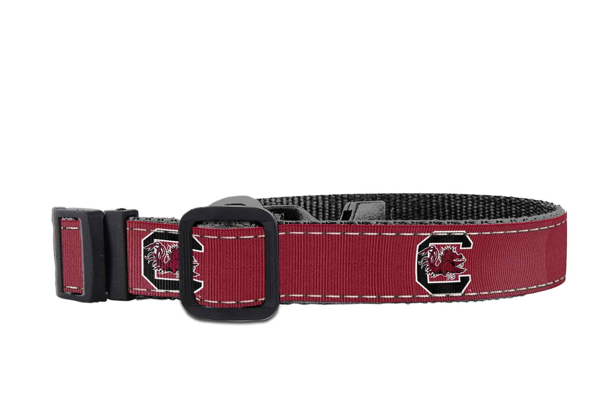 USC Gamecocks Collegiate Woven Ribbon Dog Collar. Pet Lead. Adjustable Nylon Webbing. Snap Buckle and D-ring. Swivel Bolt Snap.