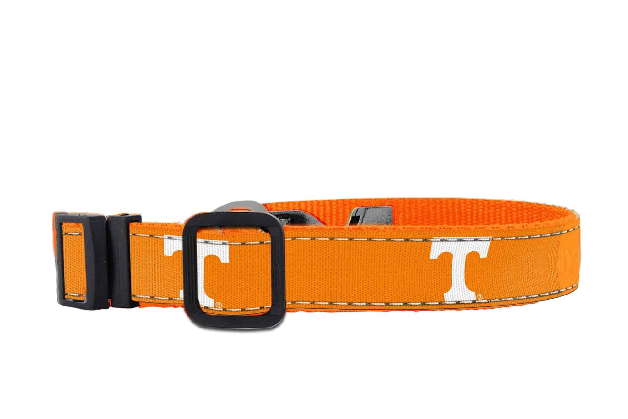 Tennessee Vols Collegiate Woven Ribbon Dog Collar. Pet Lead. Adjustable Nylon Webbing. Snap Buckle and D-ring. Swivel Bolt Snap.
