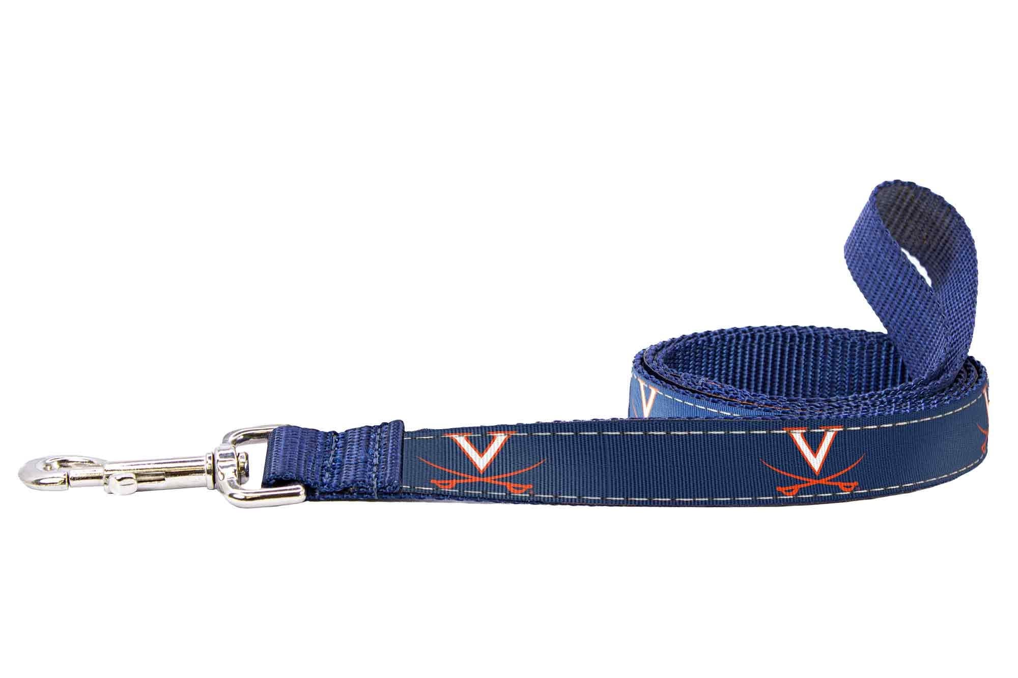 UVA Cavaliers Collegiate Woven Ribbon Dog Collar. Pet Lead. Adjustable Nylon Webbing. Snap Buckle and D-ring. Swivel Bolt Snap.
