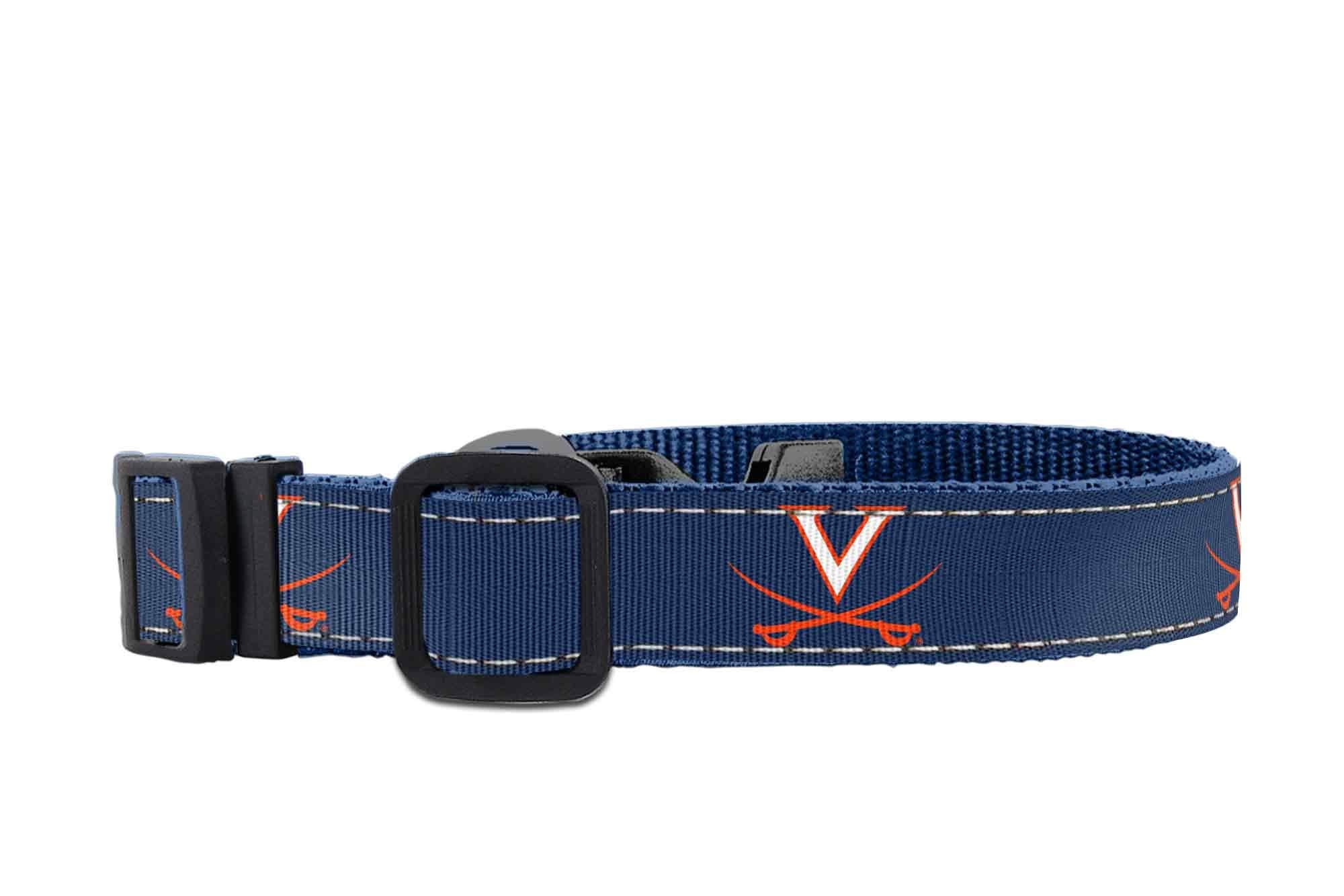 UVA Cavaliers Collegiate Woven Ribbon Dog Collar. Pet Lead. Adjustable Nylon Webbing. Snap Buckle and D-ring. Swivel Bolt Snap.