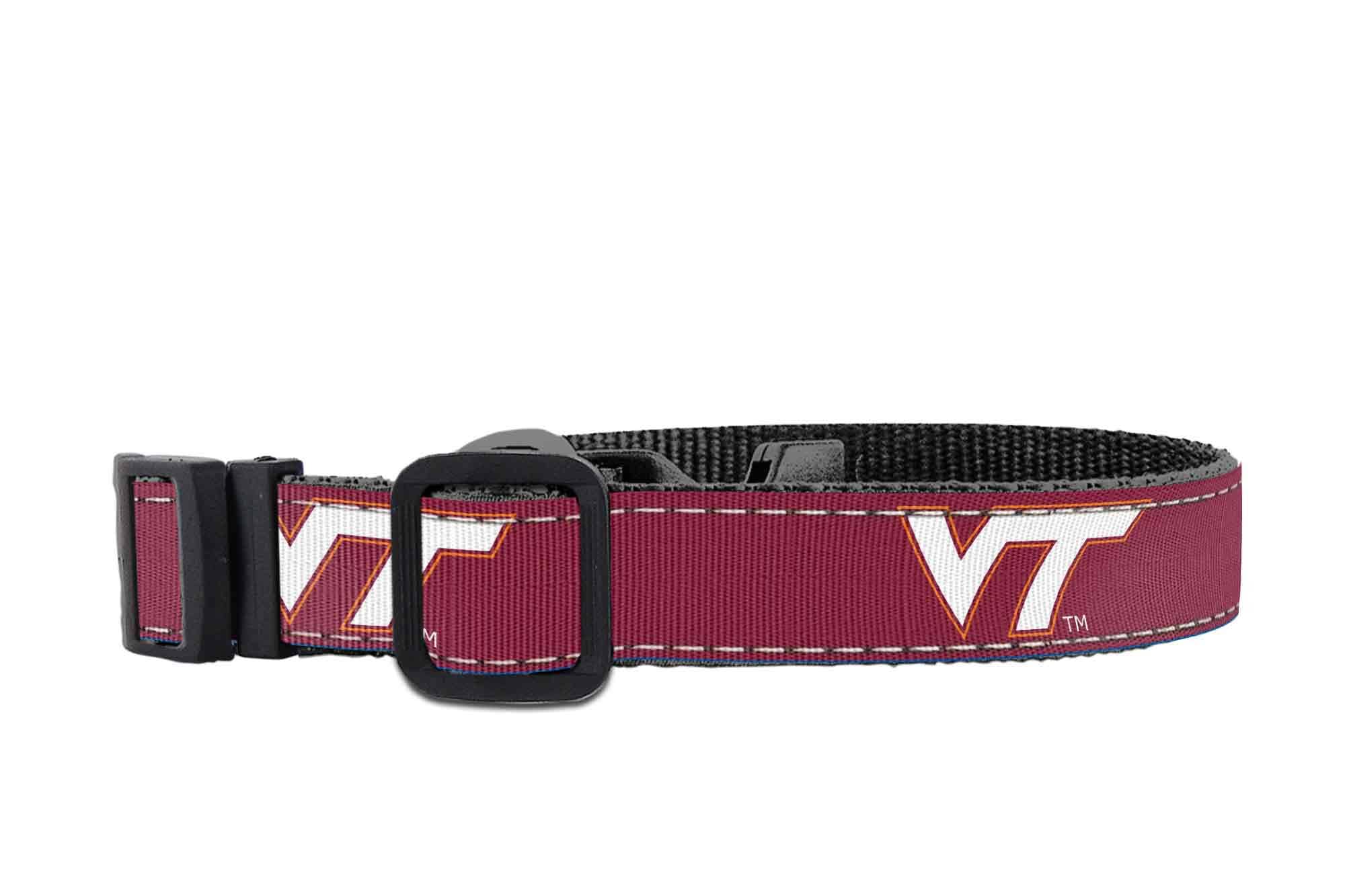 Virginia Tech Hokies Collegiate Woven Ribbon Dog Collar. Pet Lead. Adjustable Nylon Webbing. Snap Buckle and D-ring. Swivel Bolt Snap.