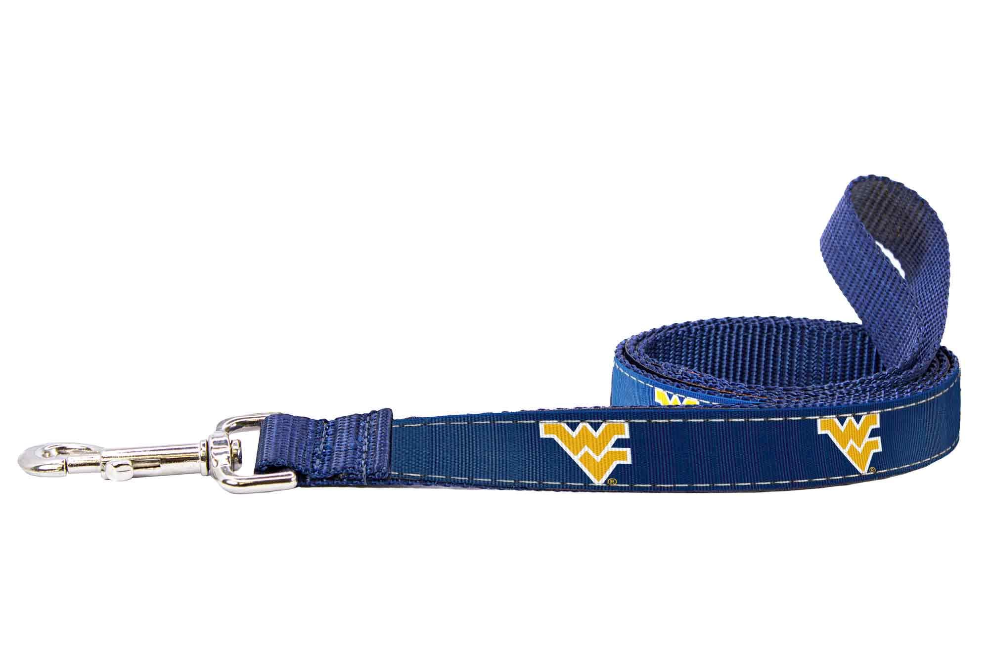 WVU Mountaineers Collegiate Woven Ribbon Dog Collar. Pet Lead. Adjustable Nylon Webbing. Snap Buckle and D-ring. Swivel Bolt Snap.