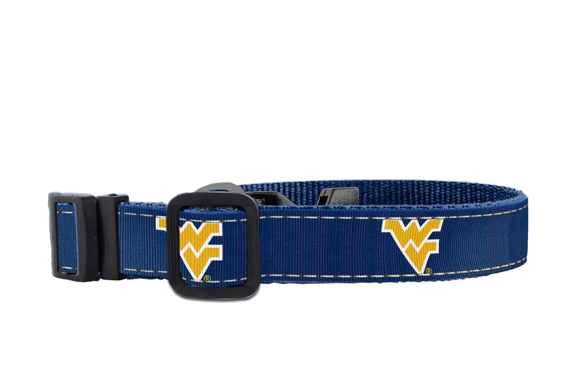 WVU Mountaineers Collegiate Woven Ribbon Dog Collar. Pet Lead. Adjustable Nylon Webbing. Snap Buckle and D-ring. Swivel Bolt Snap.