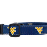WVU Mountaineers Collegiate Woven Ribbon Dog Collar. Pet Lead. Adjustable Nylon Webbing. Snap Buckle and D-ring. Swivel Bolt Snap.