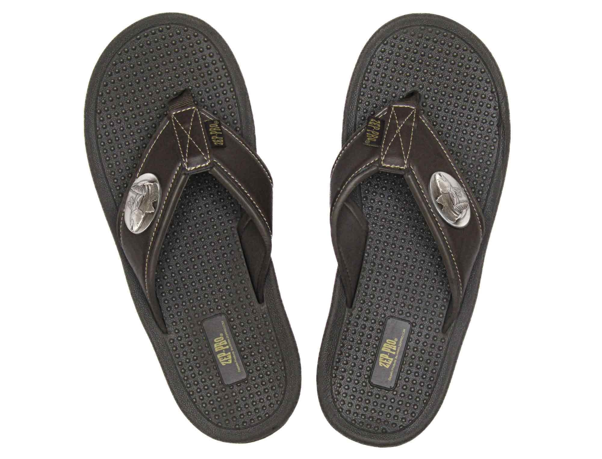 Redfish Men's Flip Flop Sandal. Casual Boat Show. Fishing Gift. Brown Straps With Metal Concho Logo. Cushioned Insole and Non-skid Outsole.