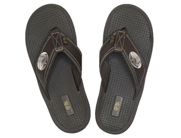 Redfish Men's Flip Flop Sandal. Casual Boat Show. Fishing Gift. Brown Straps With Metal Concho Logo. Cushioned Insole and Non-skid Outsole.