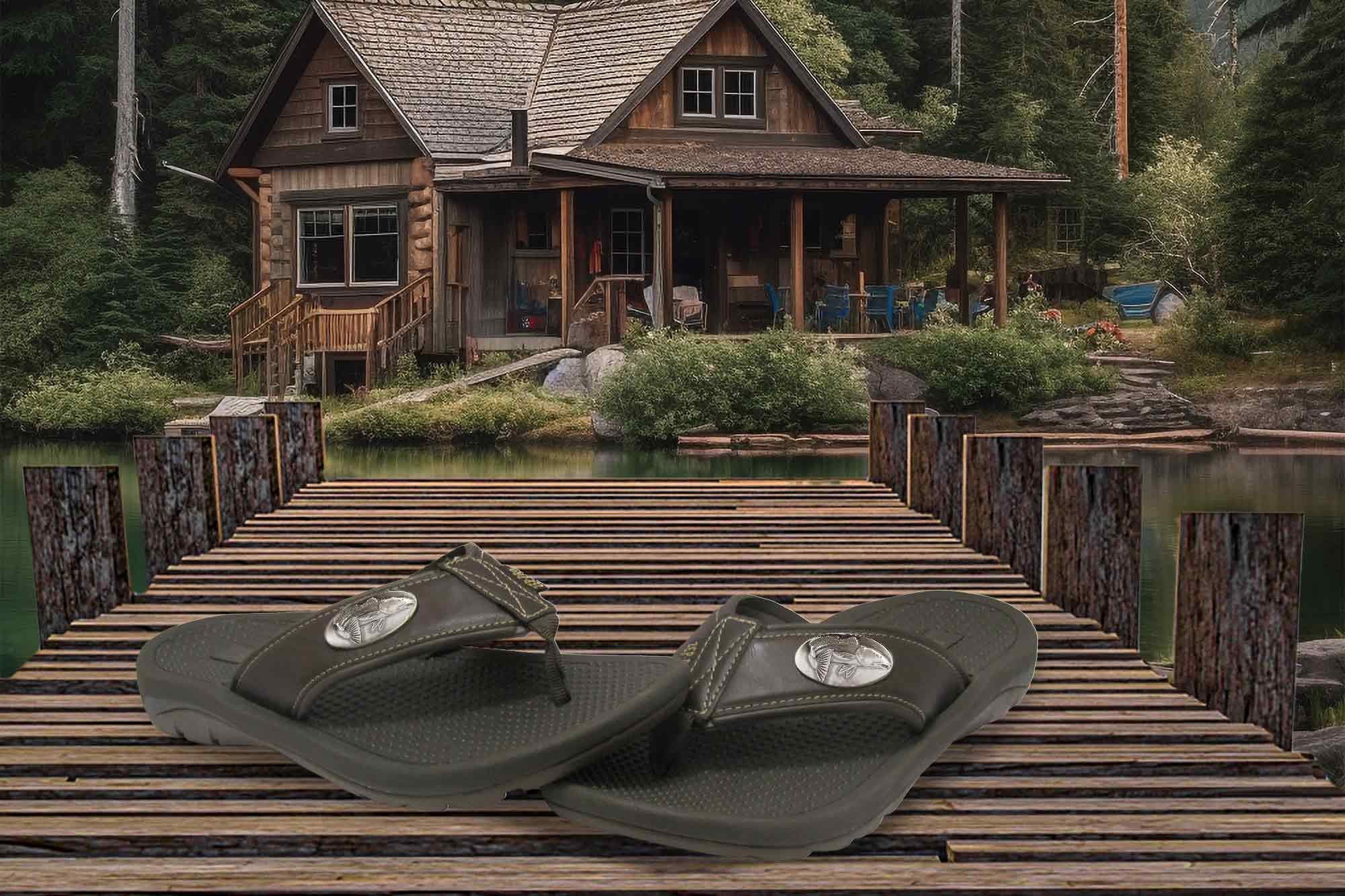 Redfish Men's Flip Flop Sandal. Casual Boat Show. Fishing Gift. Brown Straps With Metal Concho Logo. Cushioned Insole and Non-skid Outsole.