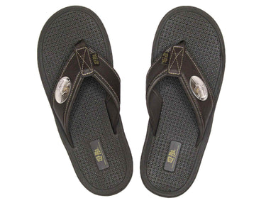 Marlin Men's Flip Flop Sandal. Casual Boat Show. Fishing Gift. Brown Straps With Metal Concho Logo. Cushioned Insole and Non-skid Outsole.
