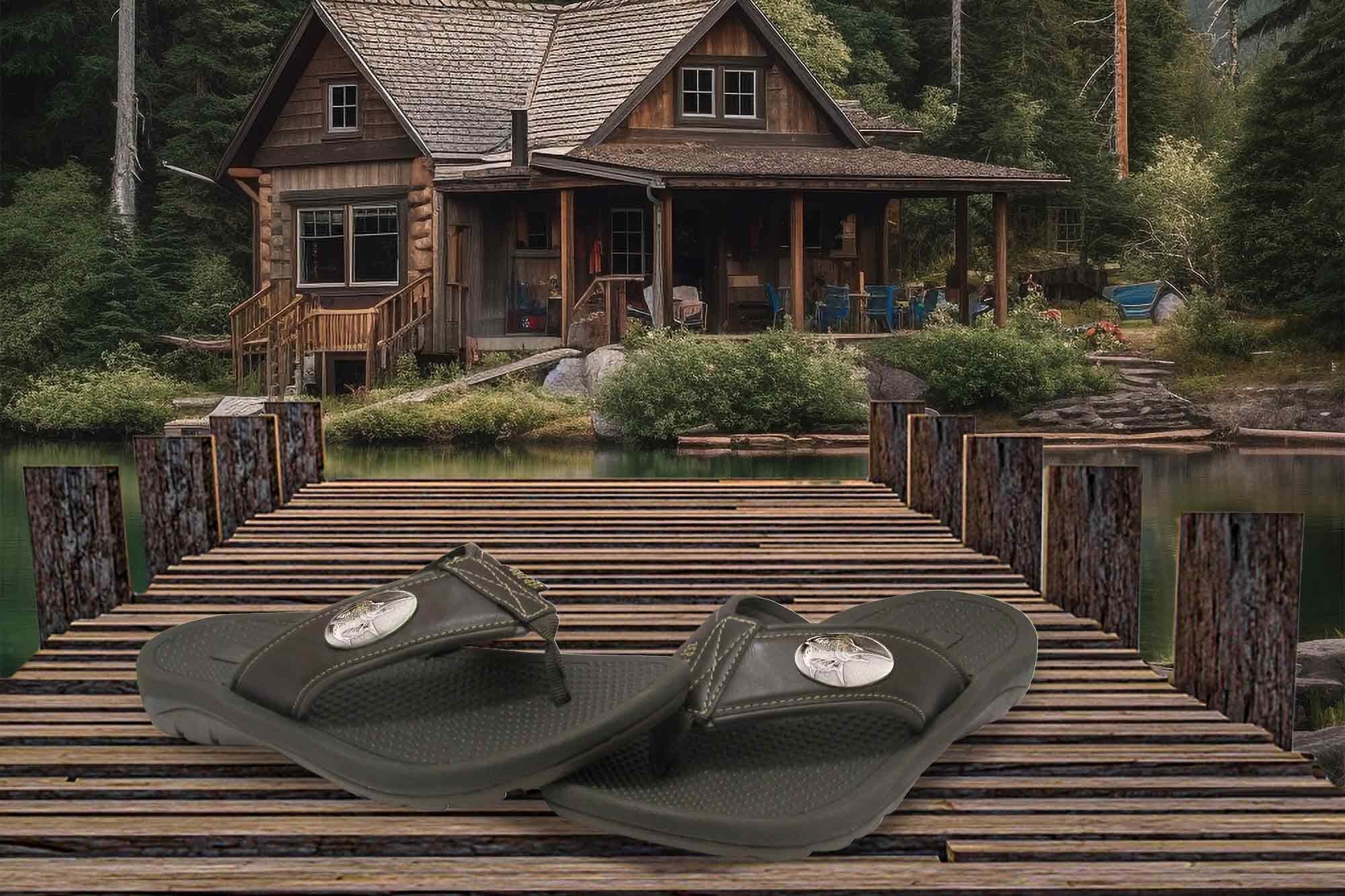 Marlin Men's Flip Flop Sandal. Casual Boat Show. Fishing Gift. Brown Straps With Metal Concho Logo. Cushioned Insole and Non-skid Outsole.