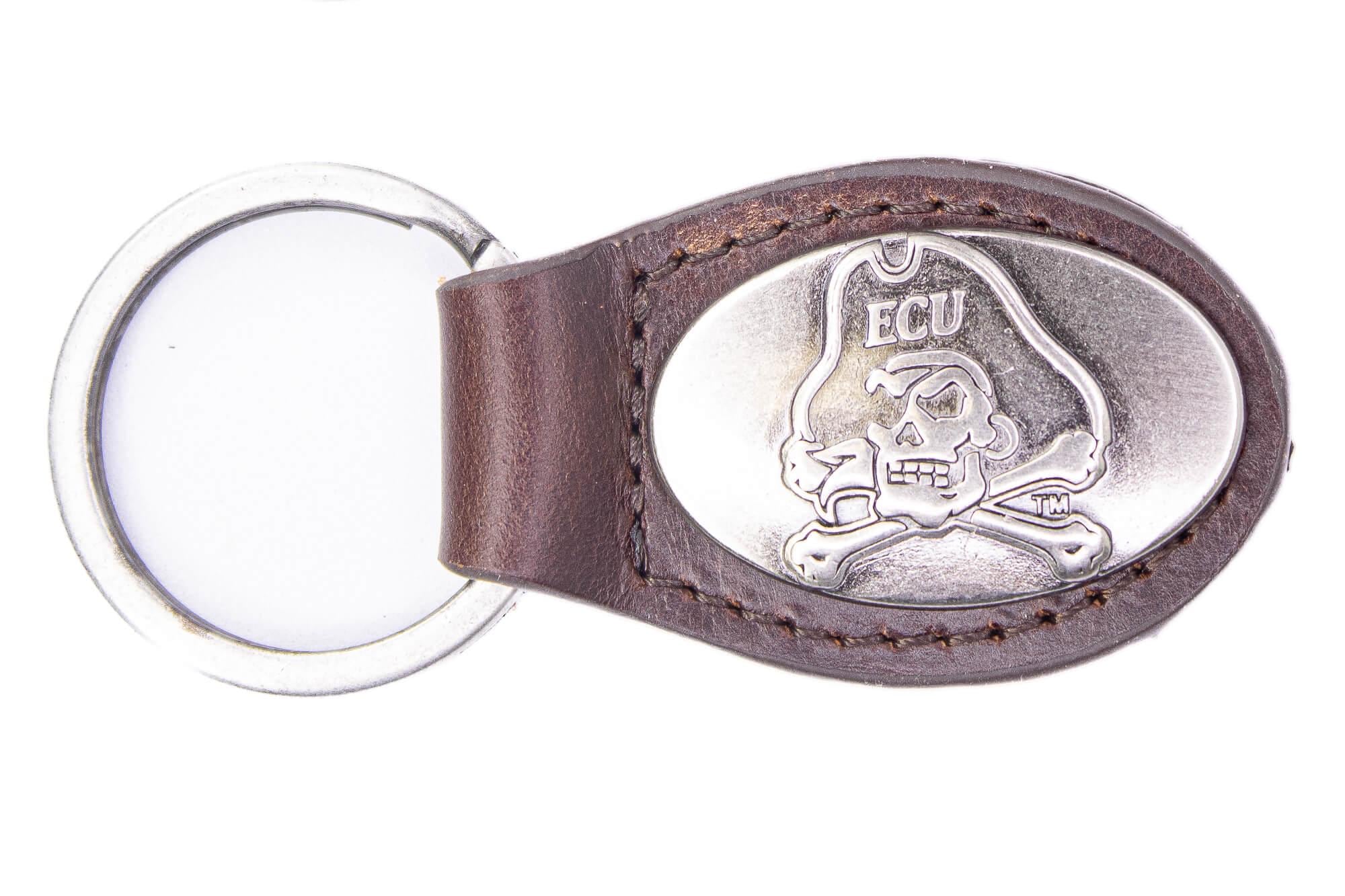 ECU Pirates Oval Leather Key Fob. Sturdy Split Ring and Durable Stitching. Perfect Collegiate Key Chain Gift. Brown or Black Leather.