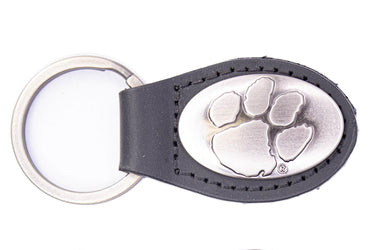 Clemson Tigers Oval Leather Key Fob. Sturdy Split Ring and Durable Stitching. Perfect Collegiate Key Chain Gift. Brown or Black Leather.