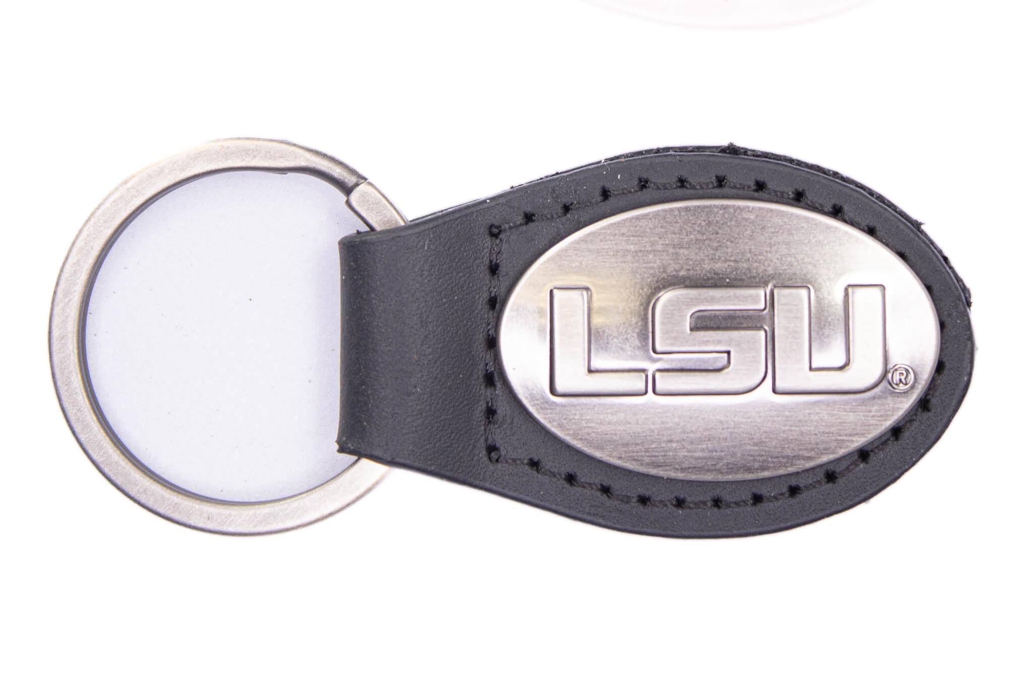 LSU Tigers Oval Leather Key Fob. Sturdy Split Ring and Durable Stitching. Perfect Collegiate Key Chain Gift. Brown or Black Leather.