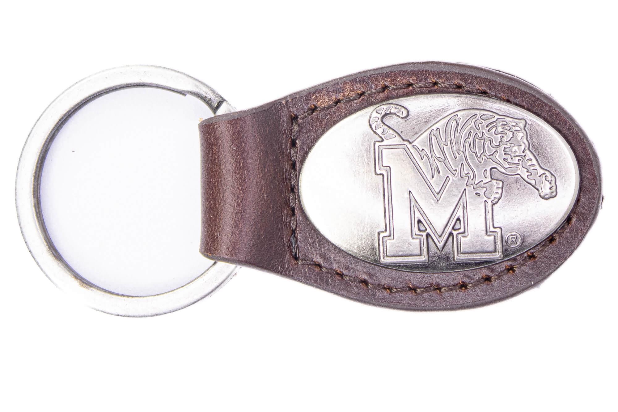 Memphis Tigers Oval Leather Key Fob. Sturdy Split Ring and Durable Stitching. Perfect Collegiate Key Chain Gift. Brown or Black Leather.