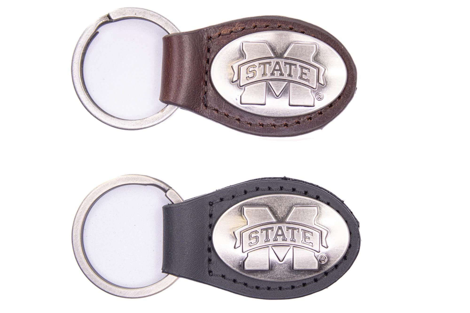 Mississippi State Bulldogs Oval Leather Key Fob. Split Ring and Durable Stitching. Perfect Collegiate Key Chain Gift. Brown or Black Leather