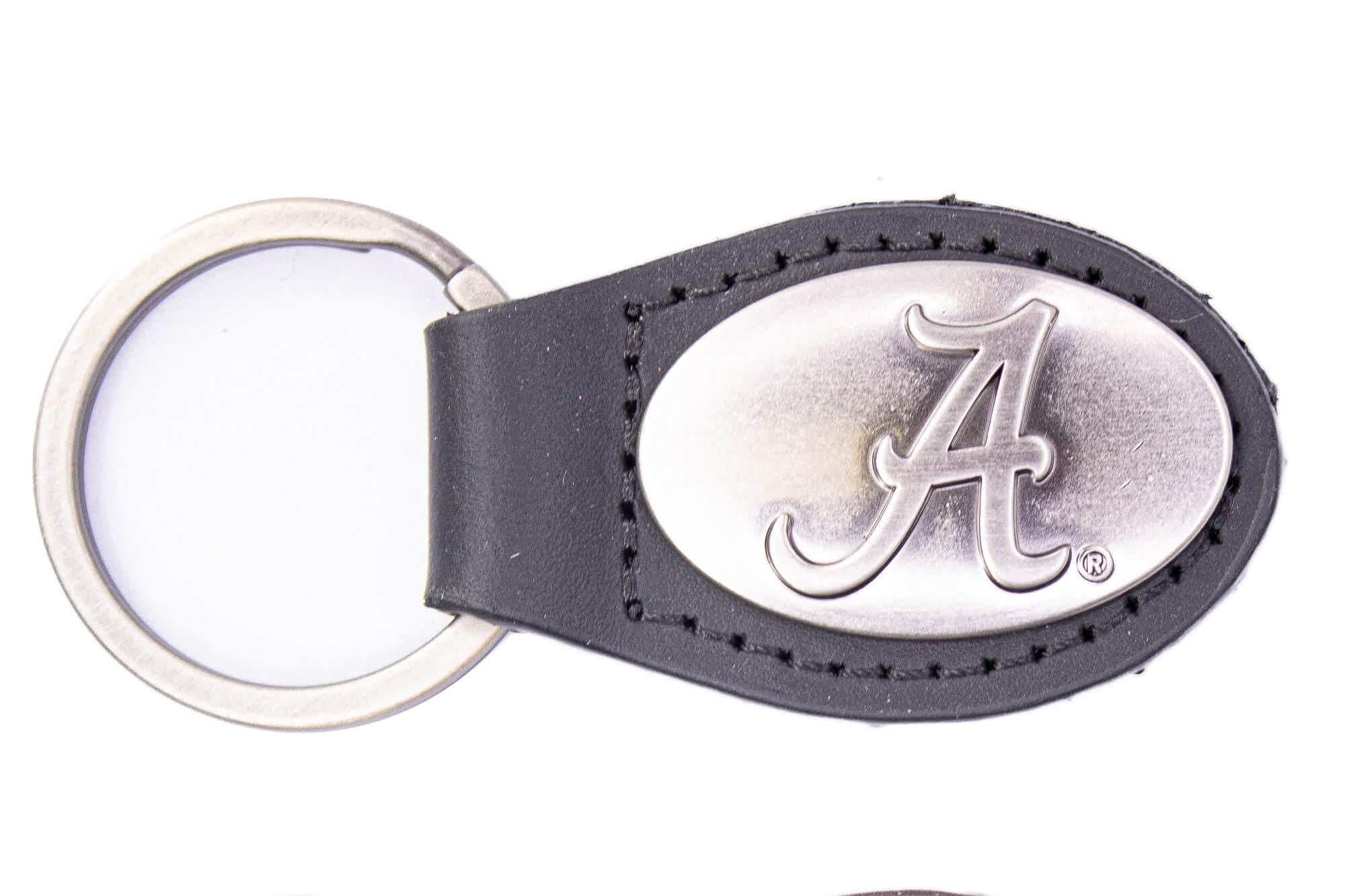 Alabama Crimson Pride Oval Leather Key Fob. Split Ring and Durable Stitching. Perfect Collegiate Key Chain Gift. Brown or Black Leather.