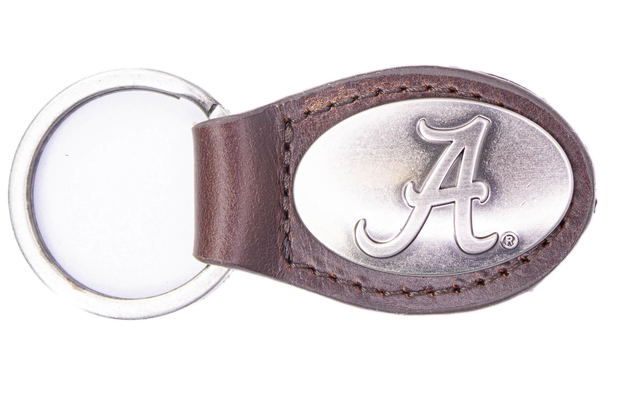 Alabama Crimson Pride Oval Leather Key Fob. Split Ring and Durable Stitching. Perfect Collegiate Key Chain Gift. Brown or Black Leather.
