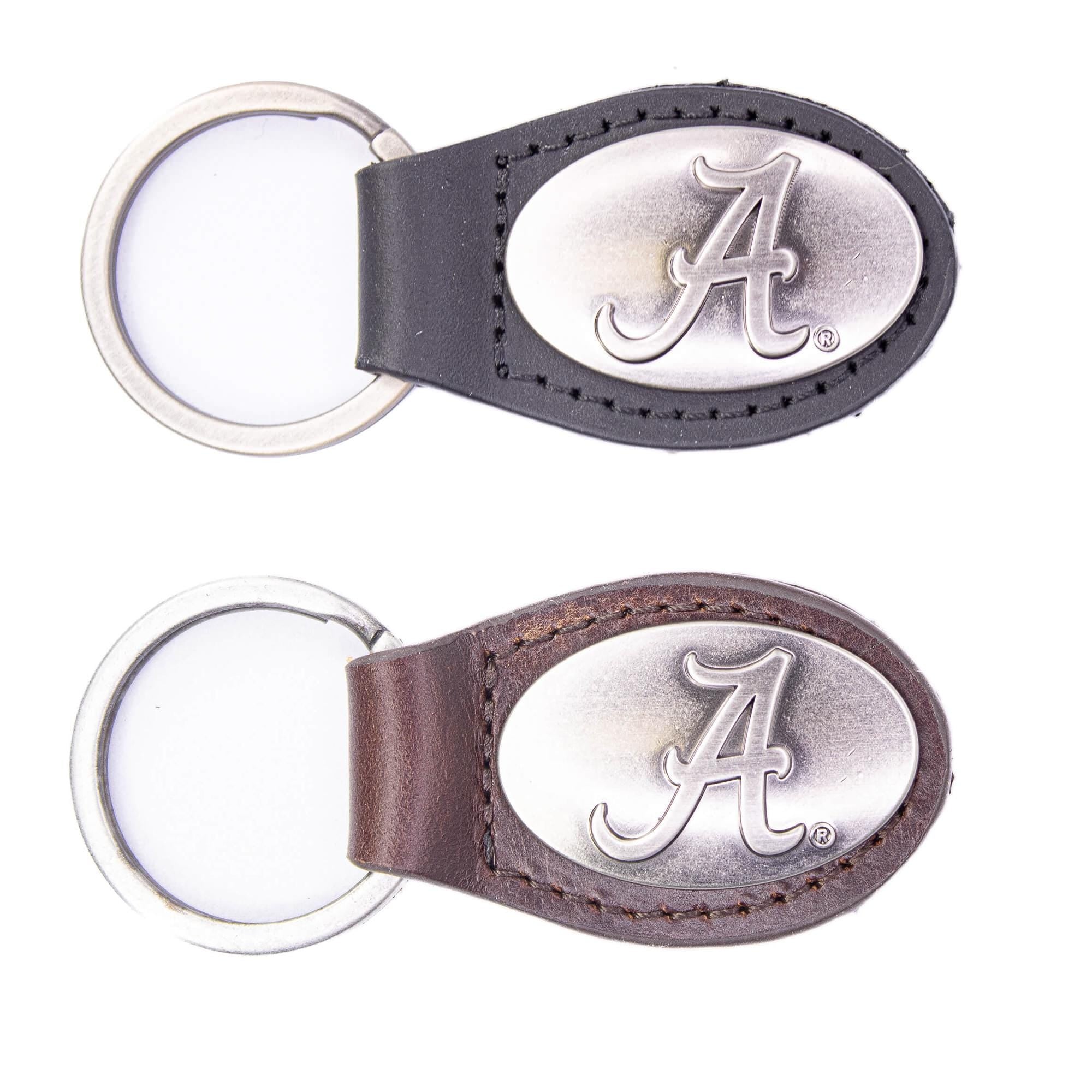 Alabama Crimson Pride Oval Leather Key Fob. Split Ring and Durable Stitching. Perfect Collegiate Key Chain Gift. Brown or Black Leather.