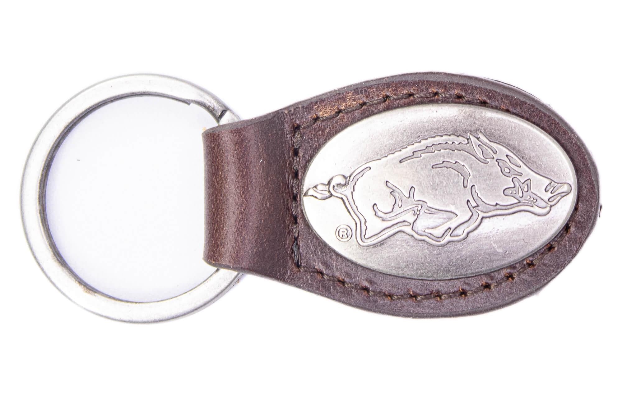 Arkansas Razorbacks Oval Leather Key Fob. Sturdy Split Ring and Durable Stitching. Perfect Collegiate Key Chain Gift. Brown or Black Leather