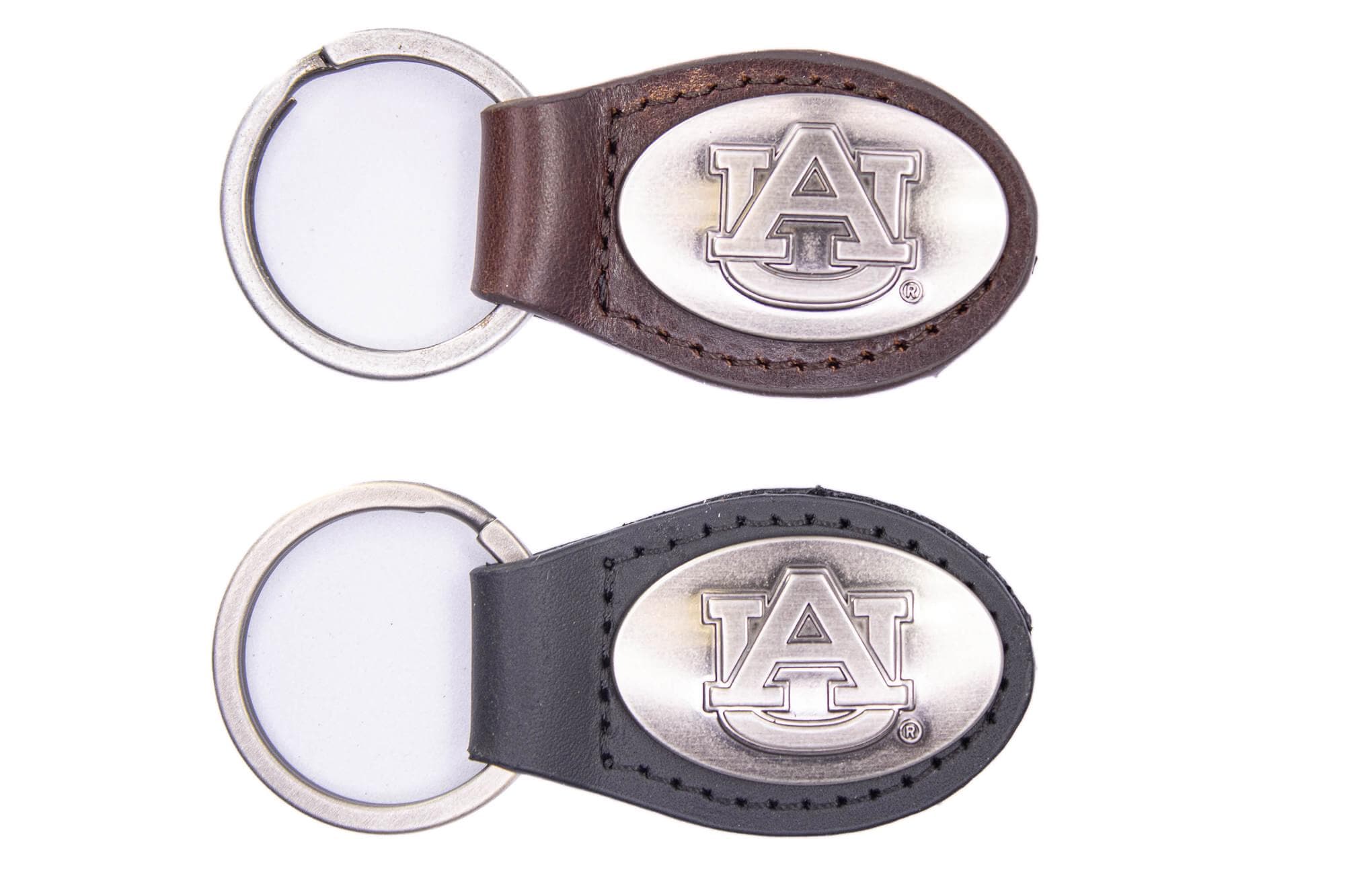 Auburn Tigers Oval Leather Key Fob. Sturdy Split Ring and Durable Stitching. Perfect Collegiate Key Chain Gift. Brown or Black Leather.