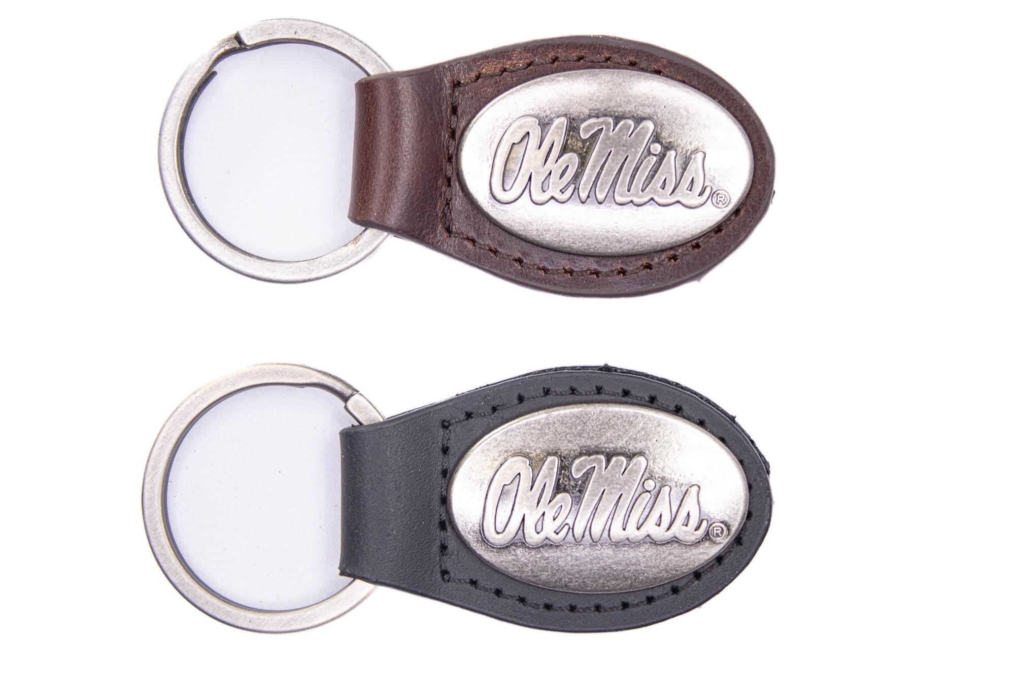 Ole Miss Rebels Oval Leather Key Fob. Sturdy Split Ring and Durable Stitching. Perfect Collegiate Key Chain Gift. Brown or Black Leather.