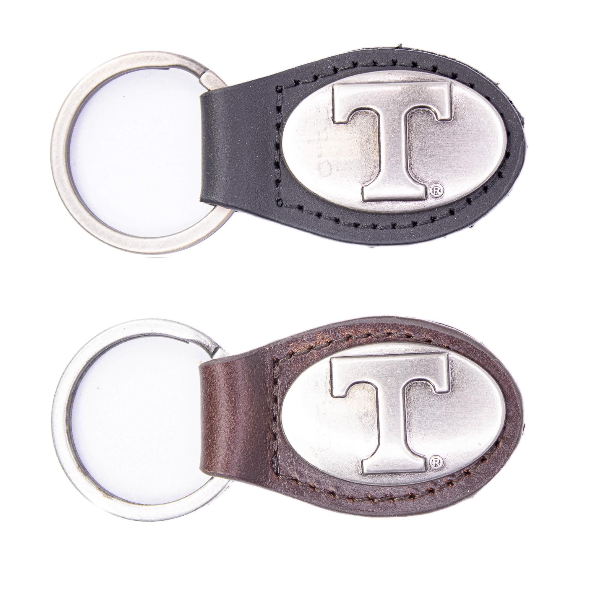 Tennessee Vols Oval Leather Key Fob. Sturdy Split Ring and Durable Stitching. Perfect Collegiate Key Chain Gift. Brown or Black Leather.
