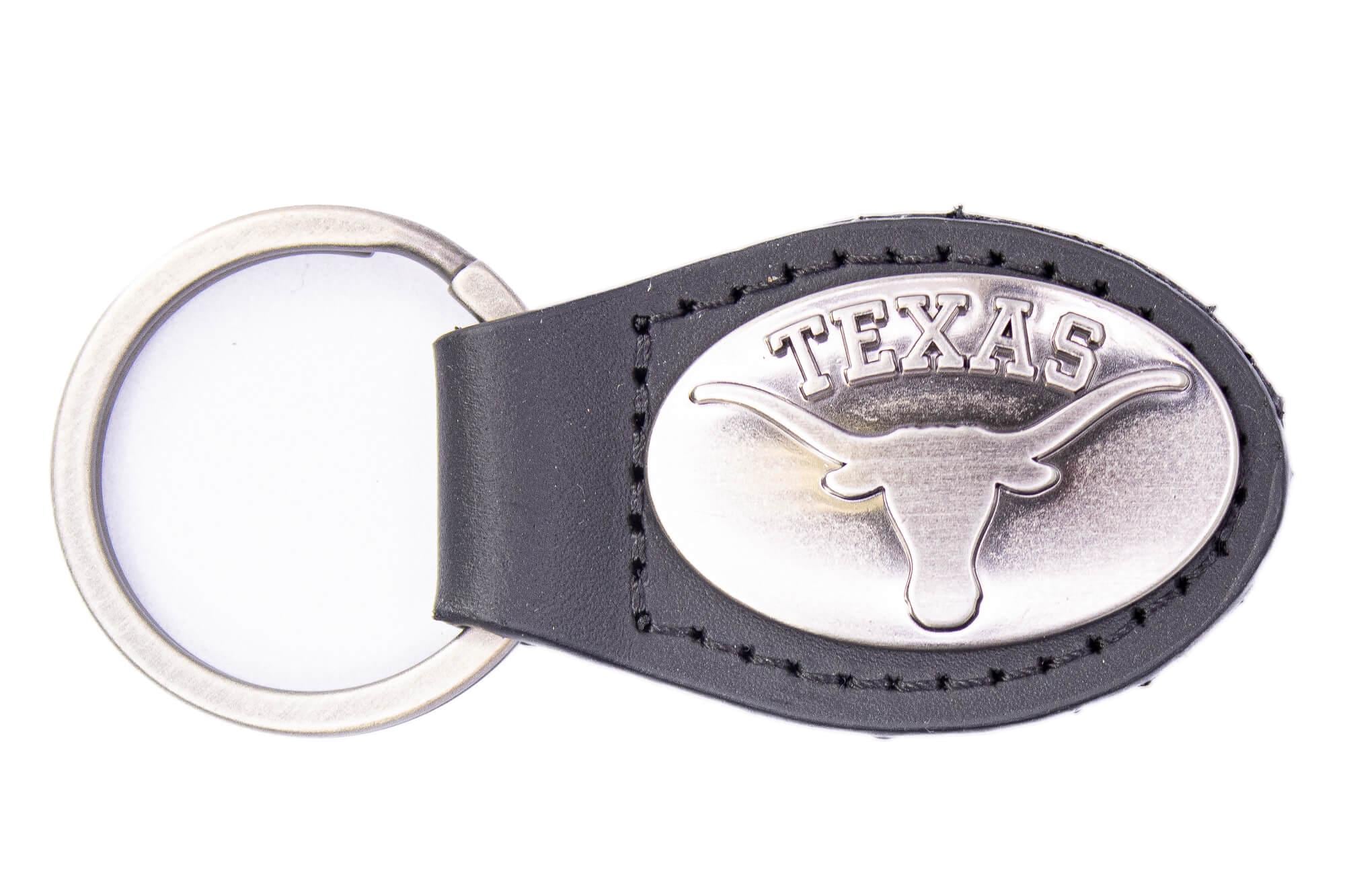 Texas Longhorns Oval Leather Key Fob. Sturdy Split Ring and Durable Stitching. Perfect Collegiate Key Chain Gift. Brown or Black Leather.