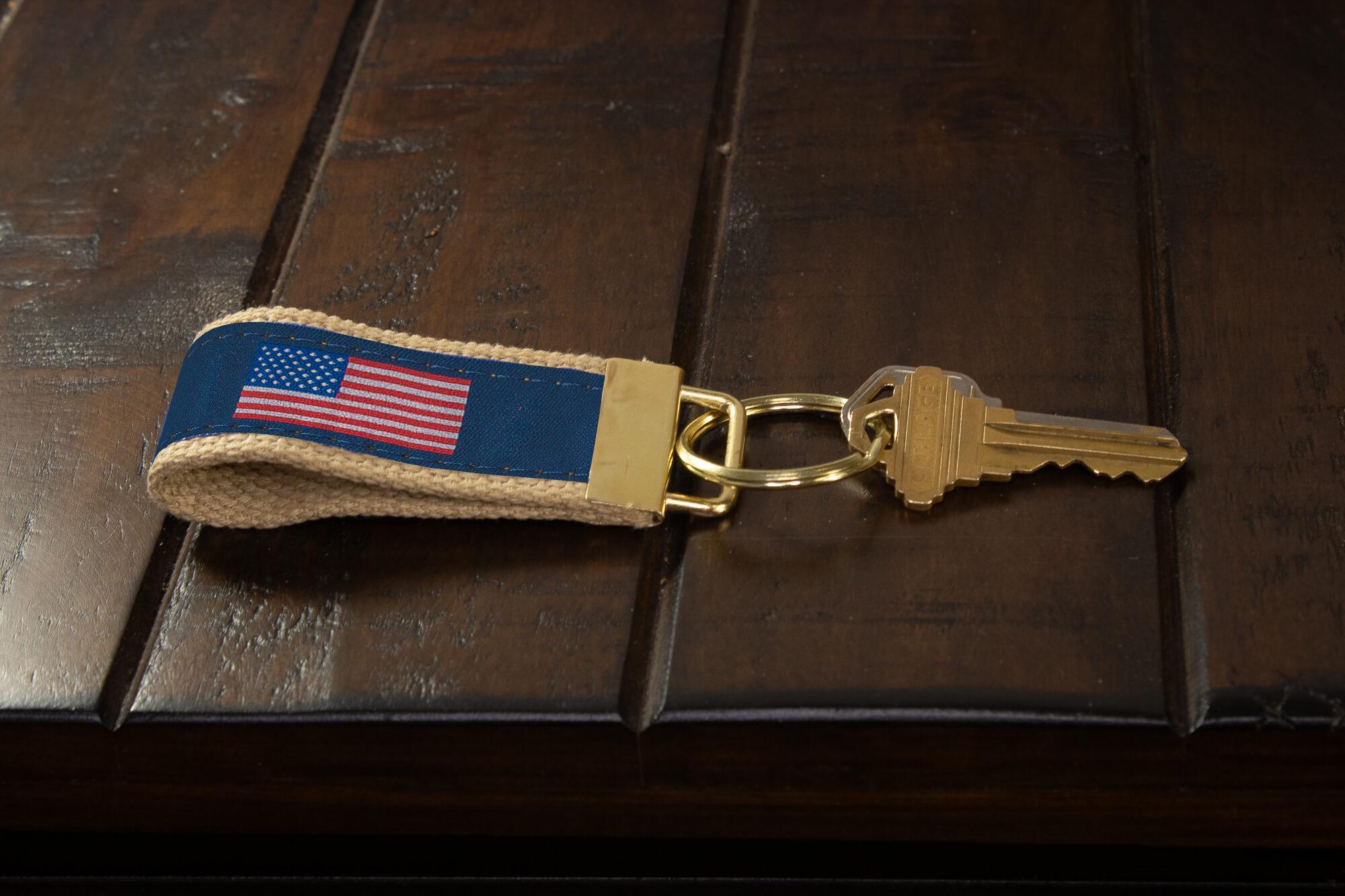 American Flag Woven Ribbon Key Chain. USA Key Fob. Americana Gift. Stars and Stripes Key Ring. Brass Clasp and O-Ring.