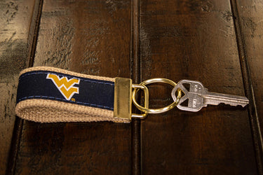 West Virginia Mountaineers Collegiate Woven Ribbon Key Chain. WVU Key Fob. Mountaineers Gift. WVU Key Ring. Brass Clasp and O-Ring.