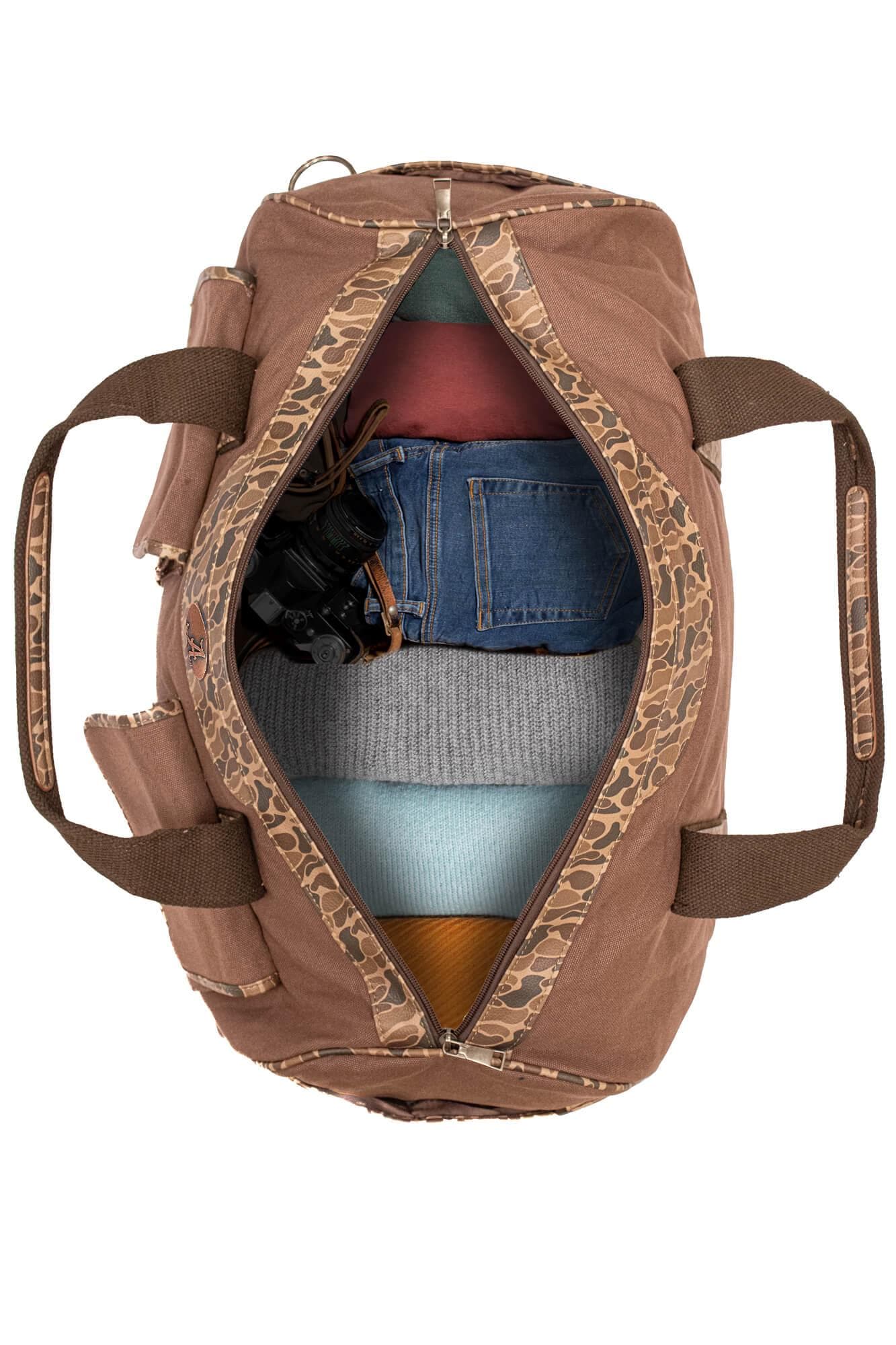 Alabama Crimson Tide Camo Canvas Weekender Bag - Brown Waxed Canvas Duffel - Old School Camo Print - Alabama Travel Bag - Overnight Case