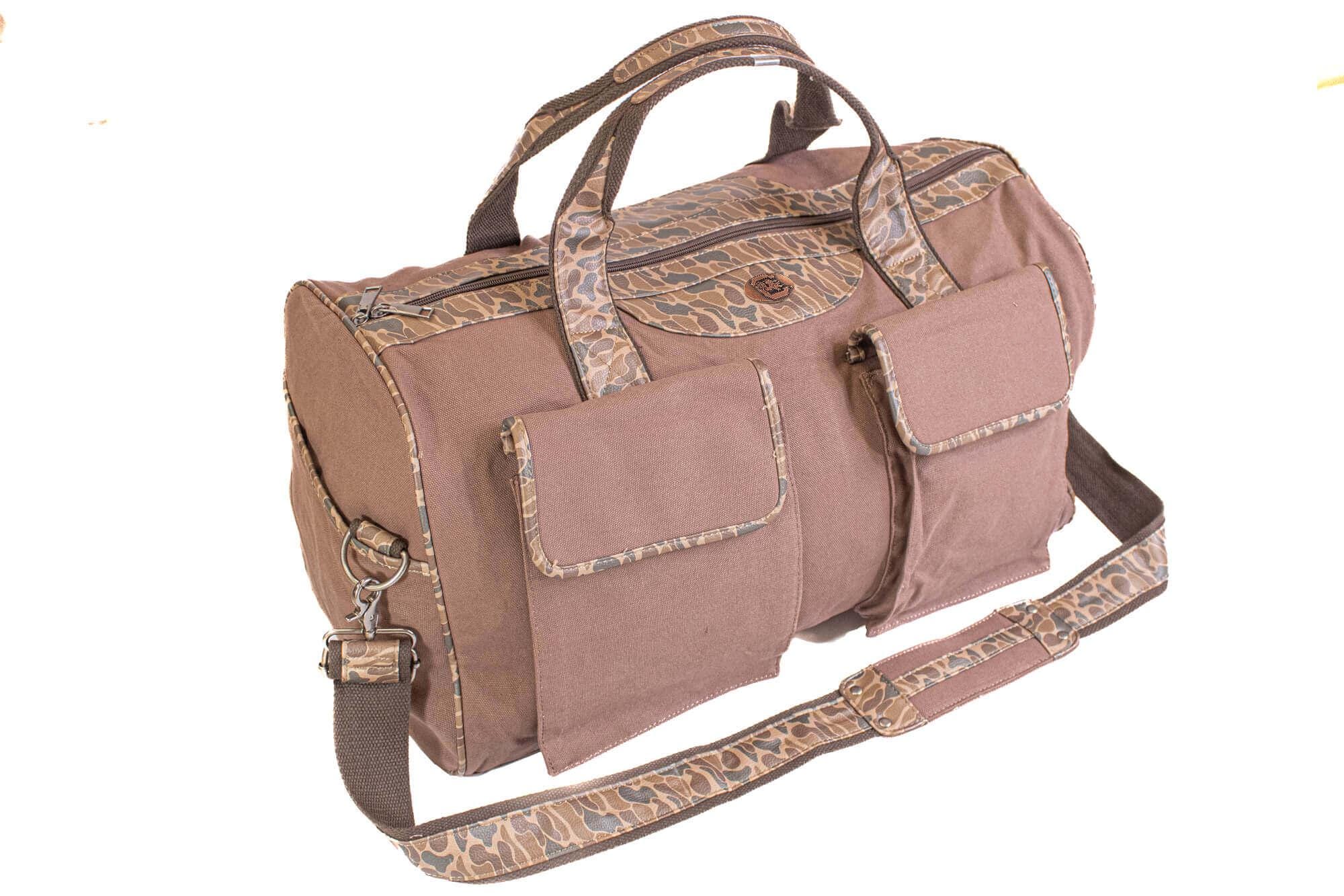 USC Gamecocks Camo Canvas Weekender Bag - Brown Waxed Canvas Duffel - Old School Camo Print Accent - Carolina Travel Bag - Overnight Case