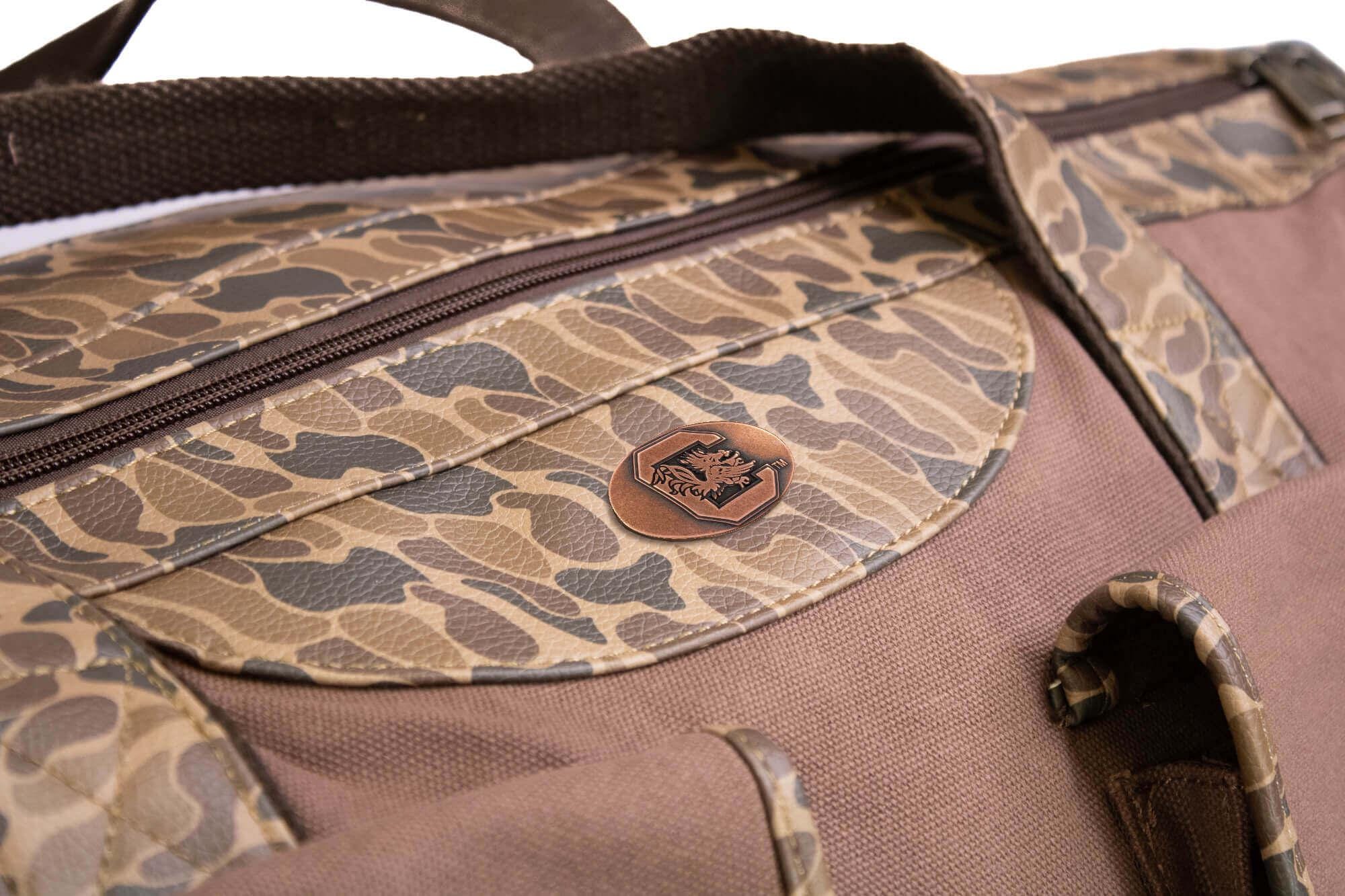 USC Gamecocks Camo Canvas Weekender Bag - Brown Waxed Canvas Duffel - Old School Camo Print Accent - Carolina Travel Bag - Overnight Case